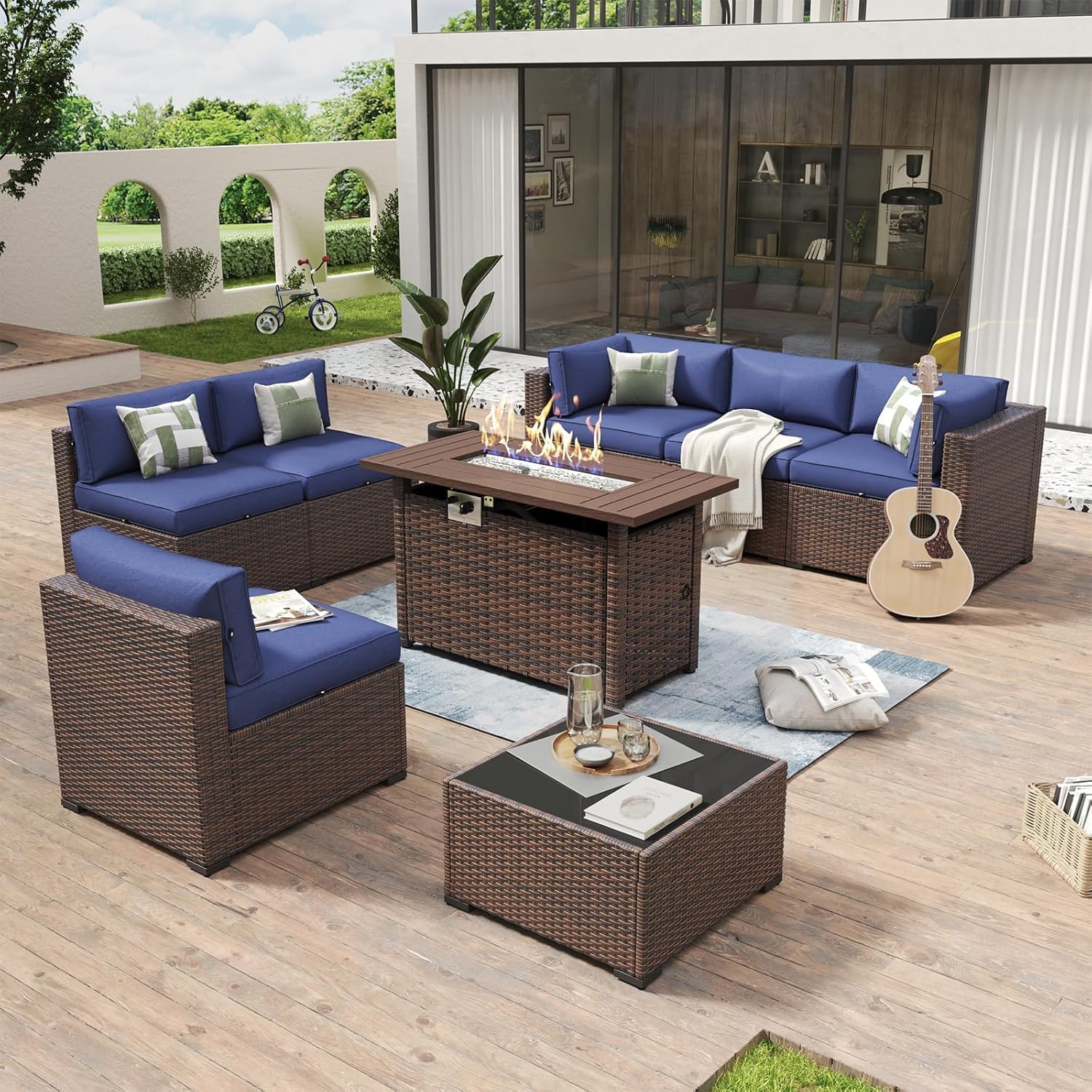 Aoxun 8 Piece Patio Furniture Set with 44?Fire Pit Table Wicker Rattan Outdoor Sectional Sofa Set with Coffee Table and Thickened Cushions, Beige (Waterproof Cover Included) woonhhop