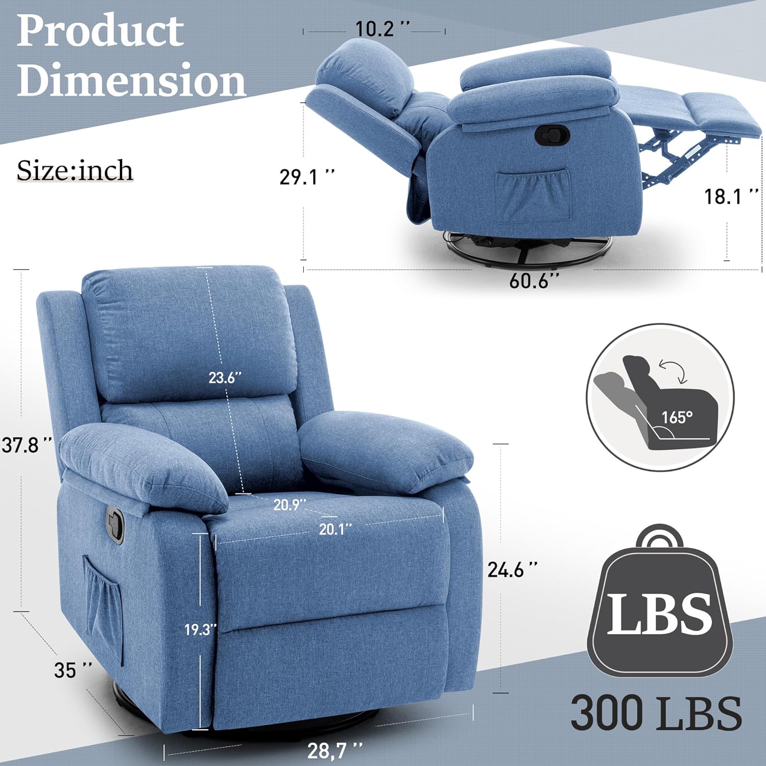 Reclining rocking chair 360 degree rotating fabric sliding reclining chair wourant