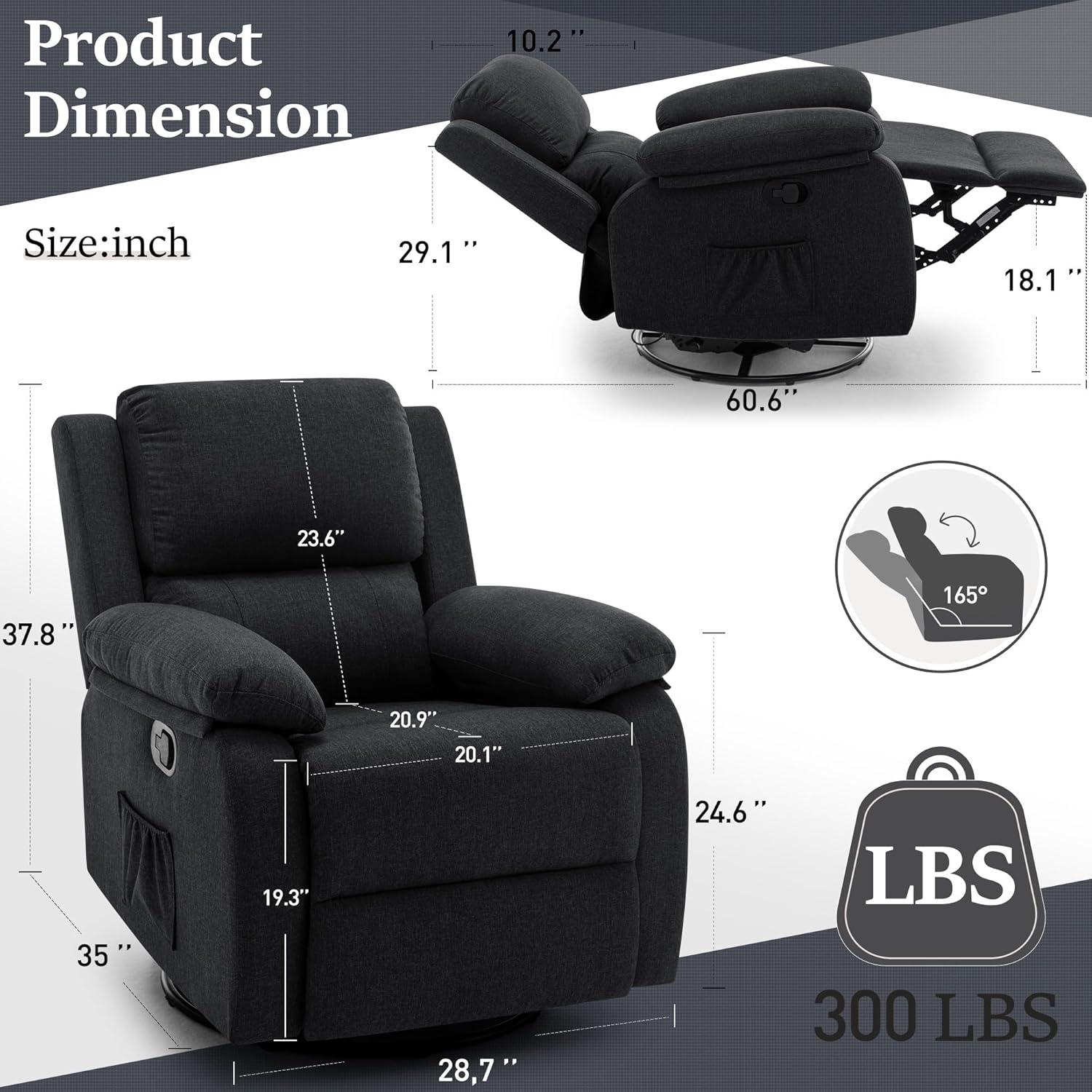Reclining rocking chair 360 degree rotating fabric sliding reclining chair wourant