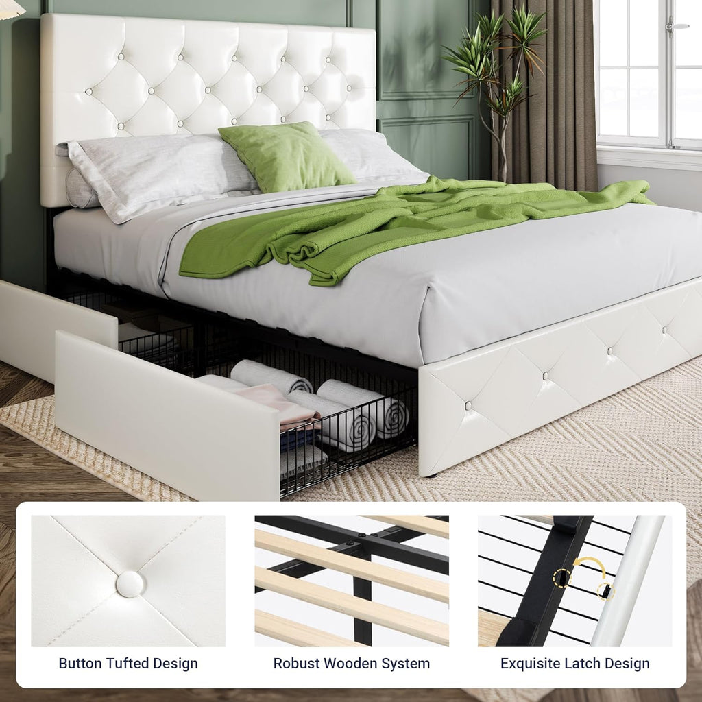 Allewie Upholstered Queen Size Platform Bed Frame with 4 Storage Drawers and Headboard wourant