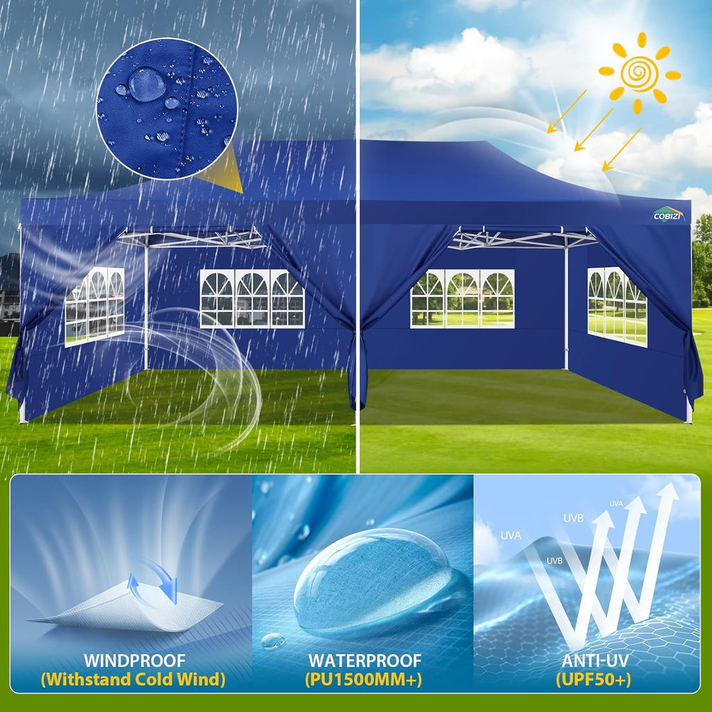 COBIZI 10x20 Heavy Duty Pop up Canopy Tent with 6 sidewalls Easy Up Commercial Outdoor Canopy Wedding Party Tents for Parties All Season Wind & Waterproof Gazebo with Roller Bag,Black(Frame Thickened) wourant