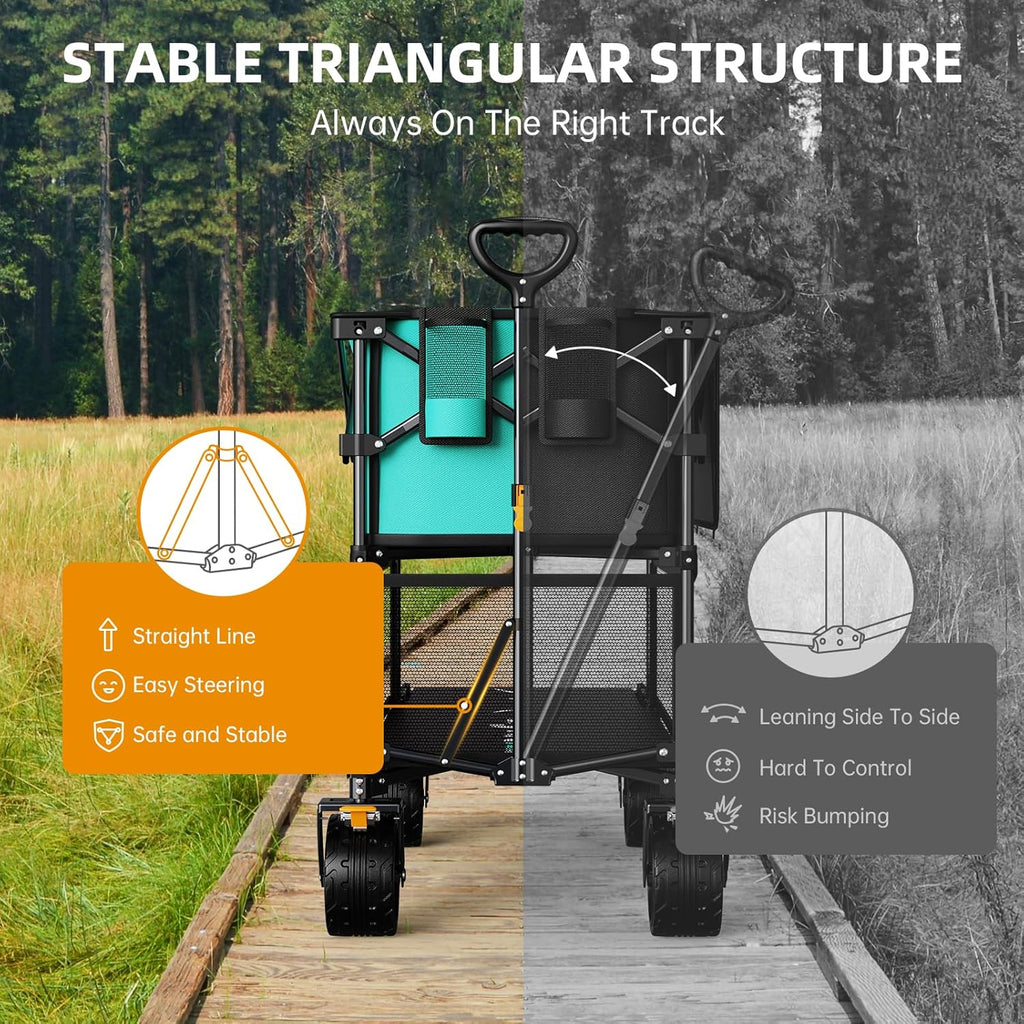 Foldable 50''L Extra Long Double Decker Wagon for Sport, 400L Collapsible Heavy Duty Wagon Cart with Big Wheels, Utility All-Terrain Large Extender Cart for Outdoors wourant