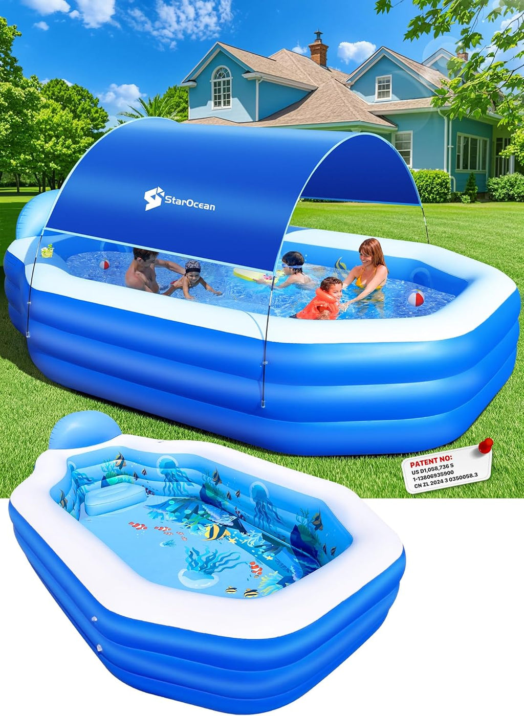 Inflatable Pool with Canopy, Large Inflatable Swimming Pool for Kids,Adult, Blow Up Pools with Seats,Backrest.Durable Thickened Inflatable Family Pools for Backyard,118"x75"x22"-Dark Blue woonhhop