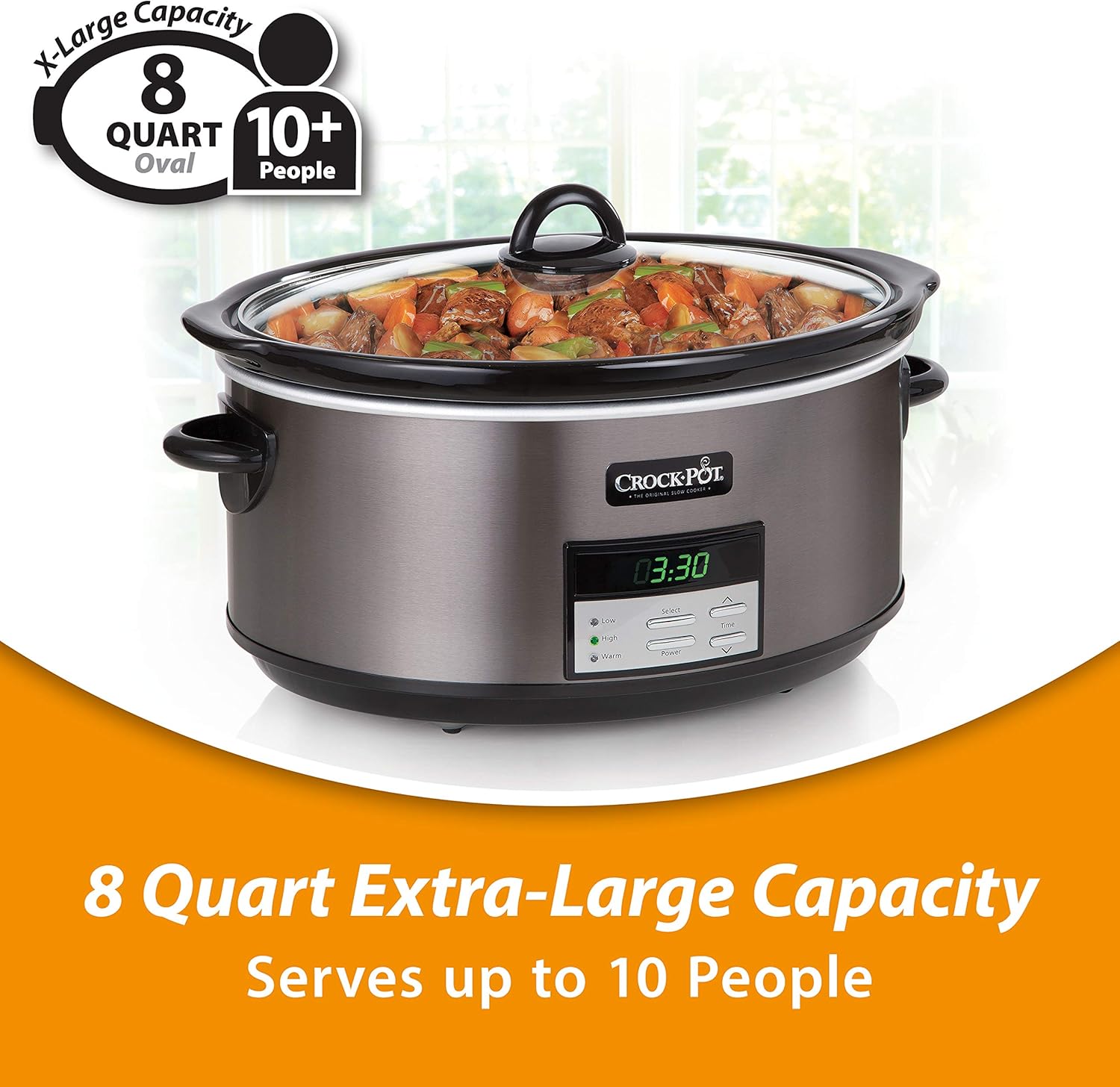 Large 8-Quart Programmable Slow Cooker with Auto Warm Setting Black Stainless Steel wourant