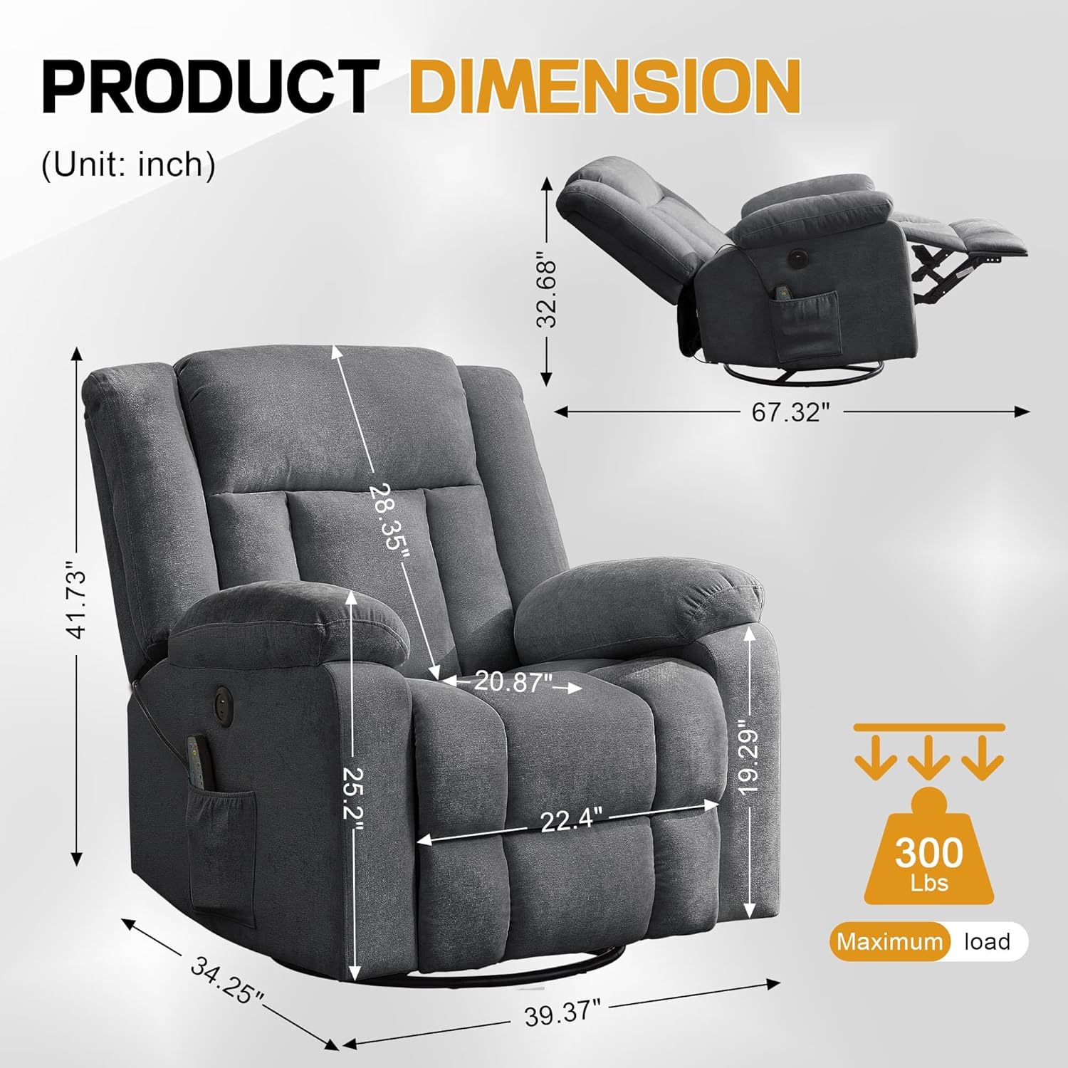 Rocker Recliner, Glider Recliner Chairs for Adults, 360° Swivel Rocking Chair with Massage and Heating, Nursery Chair with Storage and USB Charging for Living Room, Bedroom, Nursery wourant