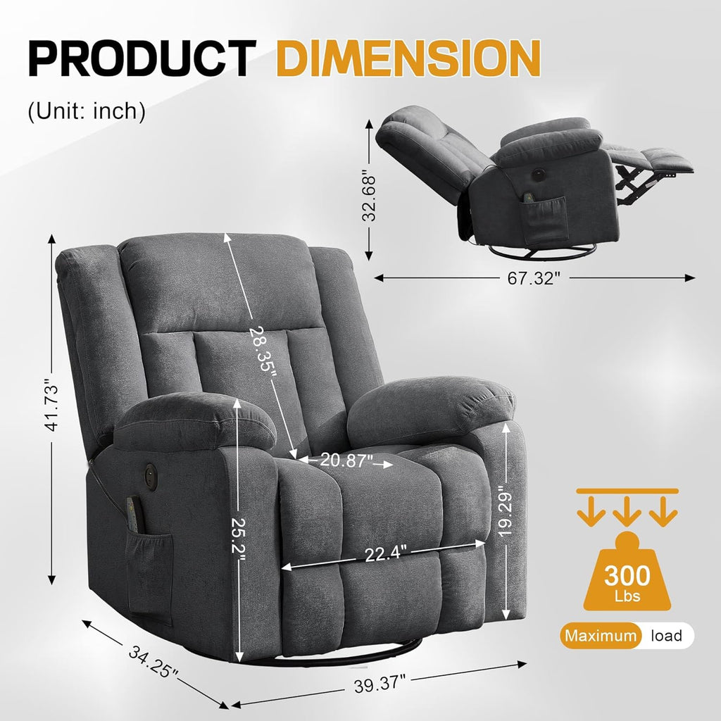 Adult rocking chair, gliding recliner, 360° rotating rocking chair with massage and heating function wourant