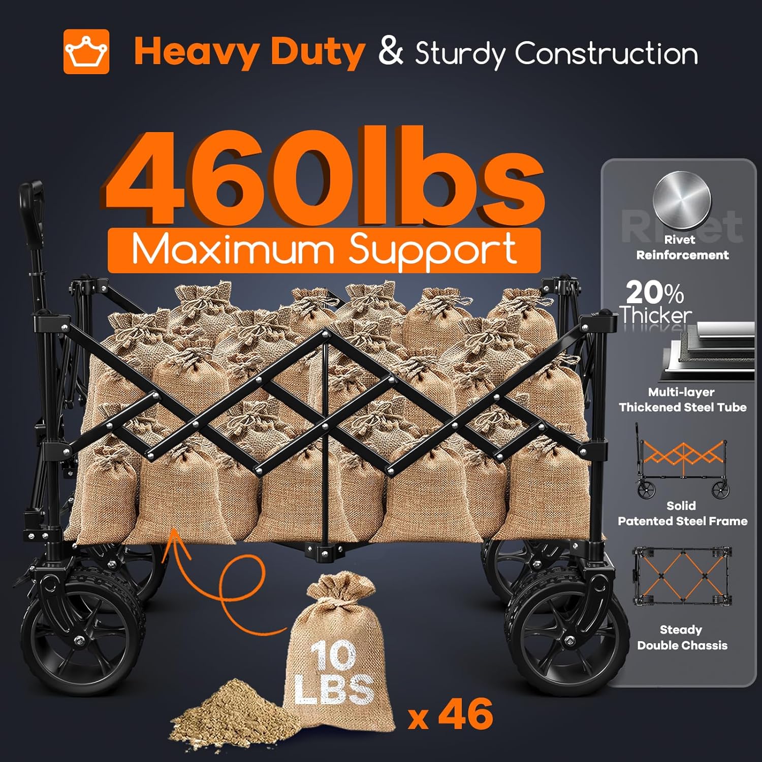 38" long foldable four-wheel stroller, foldable, 460 lb capacity, 220 liter heavy-duty folding beach stroller with large all-terrain tires wourant