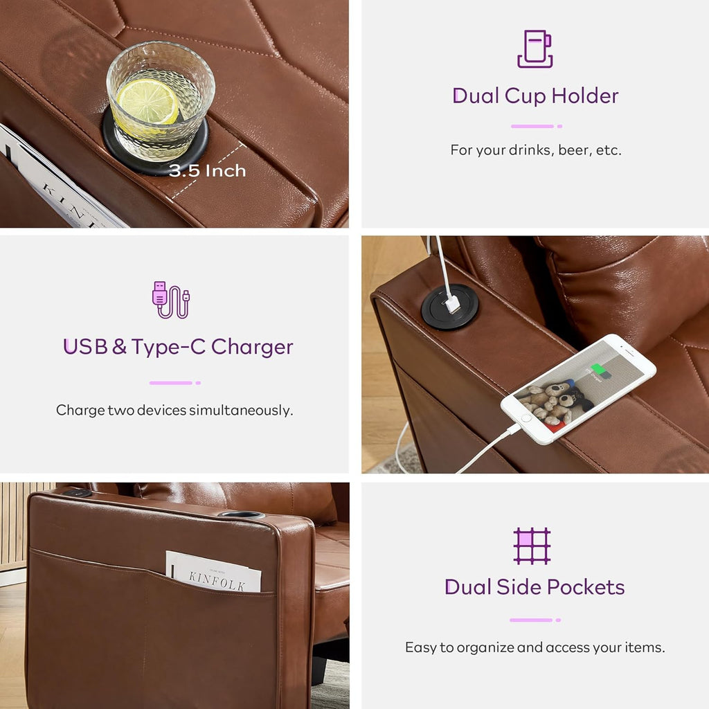 Adult Convertible Sleeper Chair Bed, 3-in-1 Pull-Out Sofa Bed with USB/Type-C Ports, Cup Holders, Side Pockets, Single Sofa wourant