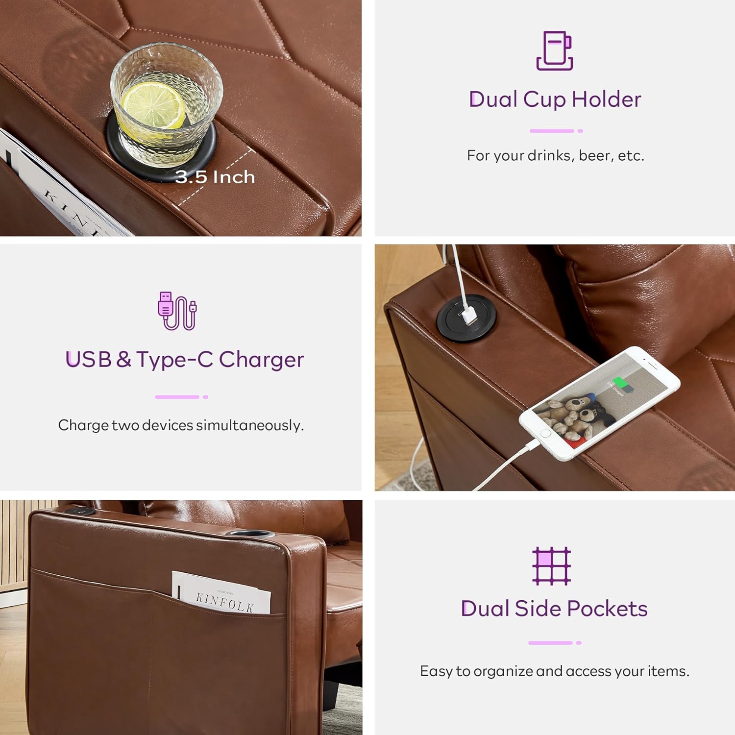 Adult Convertible Sleeper Chair Bed, 3-in-1 Pull-Out Sofa Bed with USB/Type-C Ports, Cup Holders, Side Pockets, Single Sofa wourant