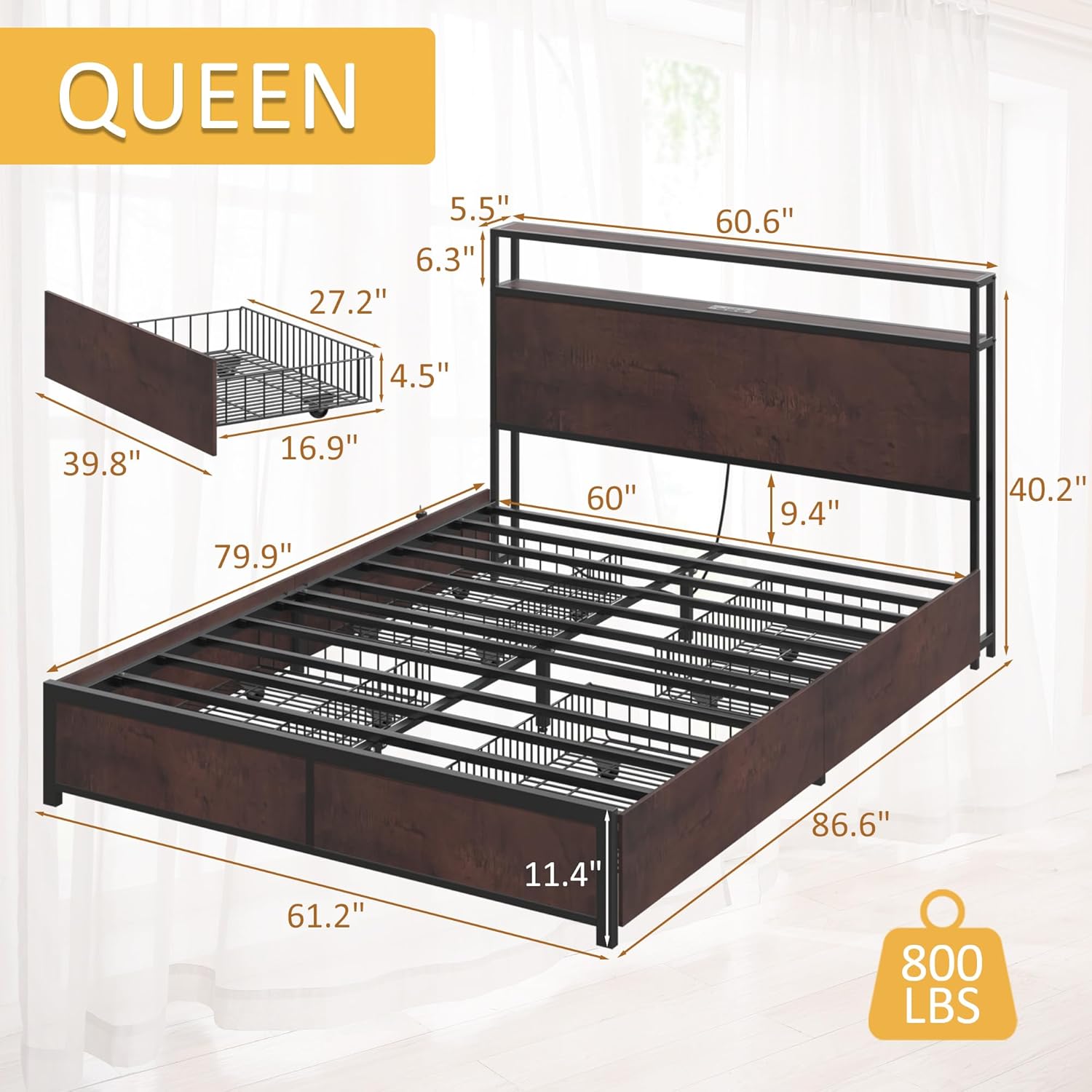Lifezone Queen Bed Frame with 2-Tier Storage Headboard, Metal Platform Bed Frame with 4 Storage Drawers, Built in Charging Station & LED, Noise-Free/Metal Support/No Box Spring Needed wourant