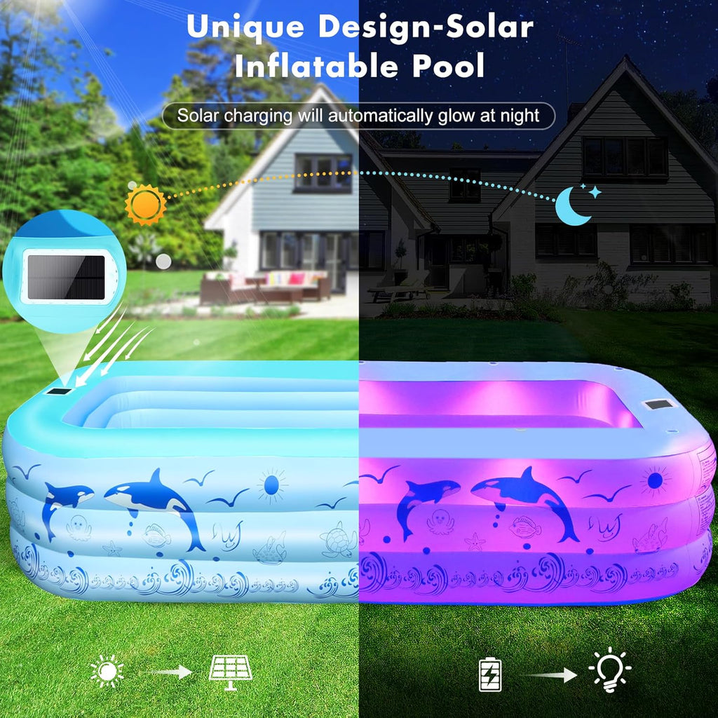 2026 Upgrade Inflatable Pools with Lights, Inflatable Swimming Pools for Adults, Blow Up Pool Solar, Large Pool, Durable Thickened Inflatable Pool for Backyard- Light Blue woonhhop