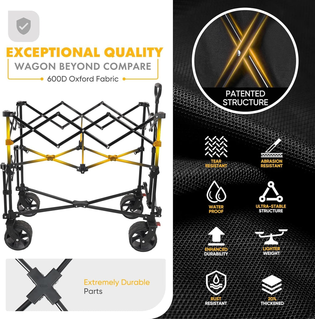400L Large Capacity Folding Double Decker Wagon with Brakes, 50" Extra Long Extender Cart, 500lbs Heavy Duty Collapsible Wagons wourant