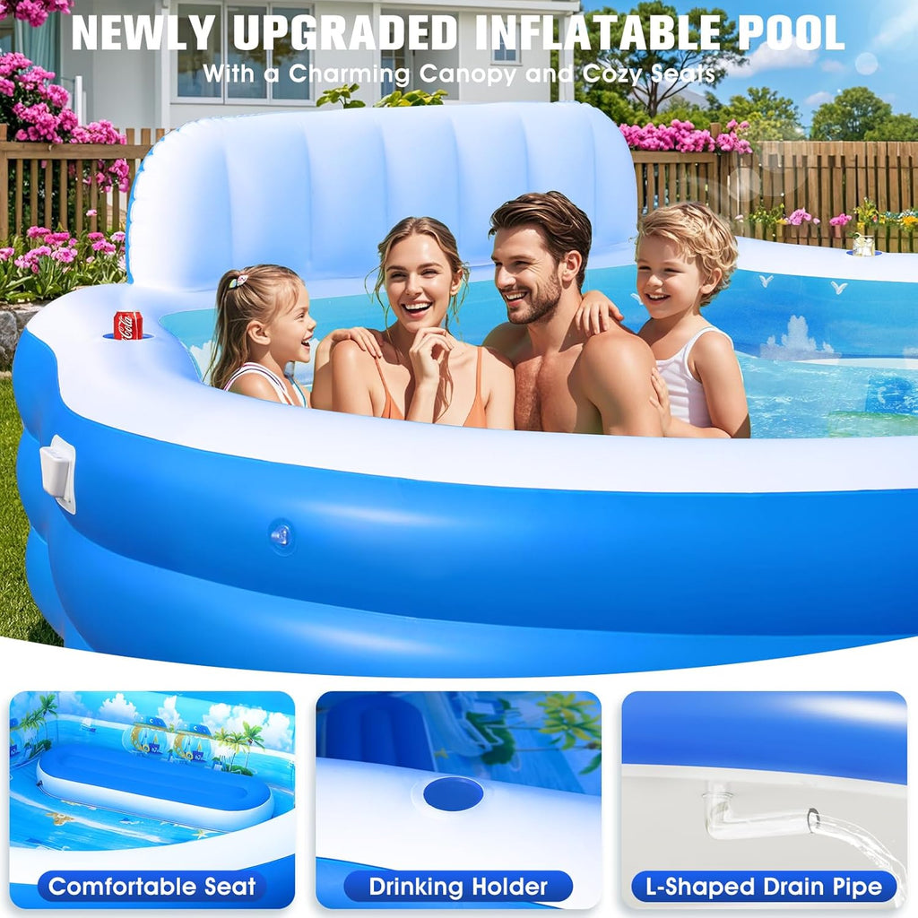 2025 Upgraded Inflatable Pool with Canopy, Inflatable Family Lounge Pool, Round Blow Up Pool for Adult with Bench & Backrest, Swim Center Easy Backyard Pools for Kids & Adults, 92"x92"x26", Blue wourant
