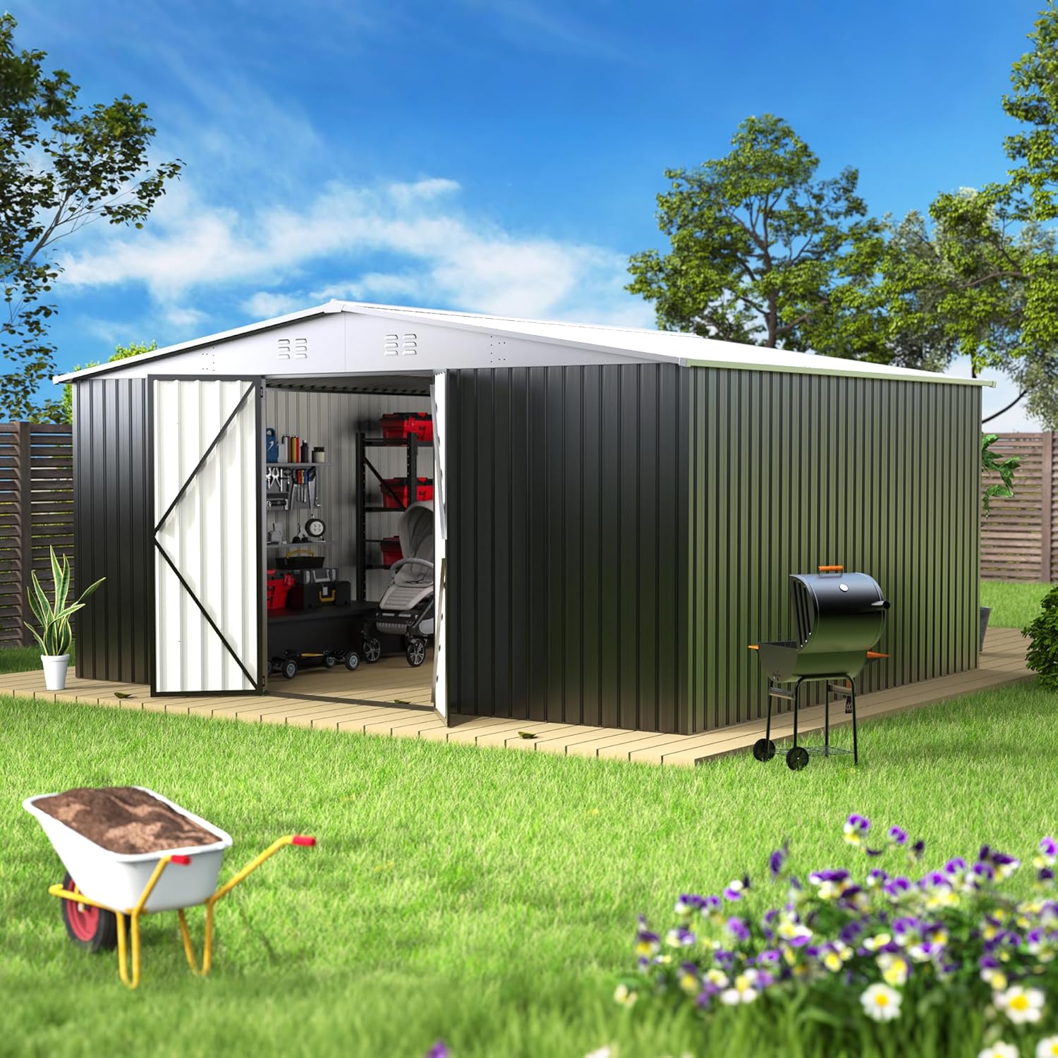 EASYHAWK 14 x 12FT Outdoor Storage Shed Metal Waterproof Storage Shed Steel Utility Garden wourant