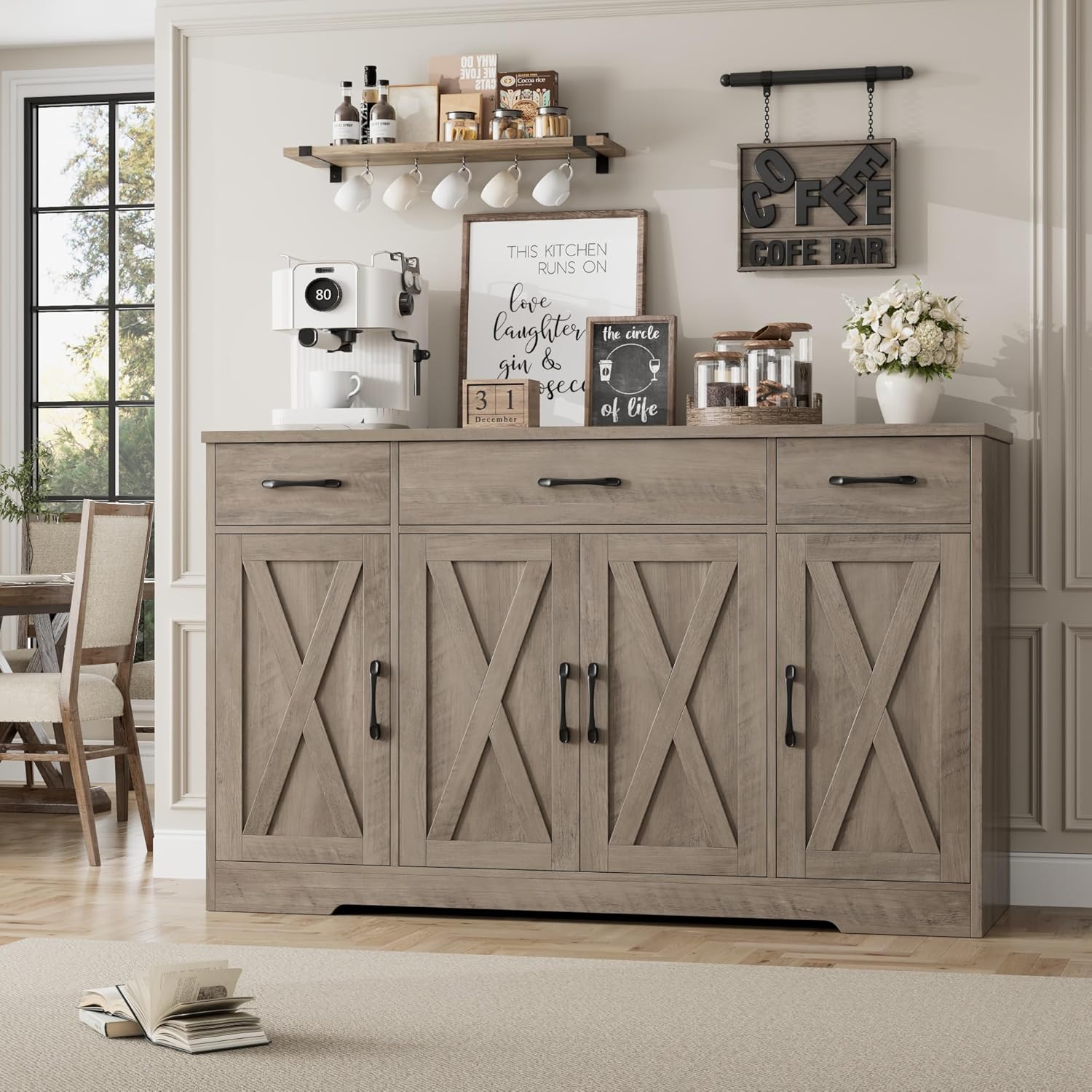 HOSTACK Buffet Cabinet with Drawers, 55" Large Sideboard Buffet Storage Cabinet with Shelves and Doors, Modern Farmhouse Coffee Bar Station Wood Kitchen Table for Kitchen, Dining Room, White/Rustic wourant