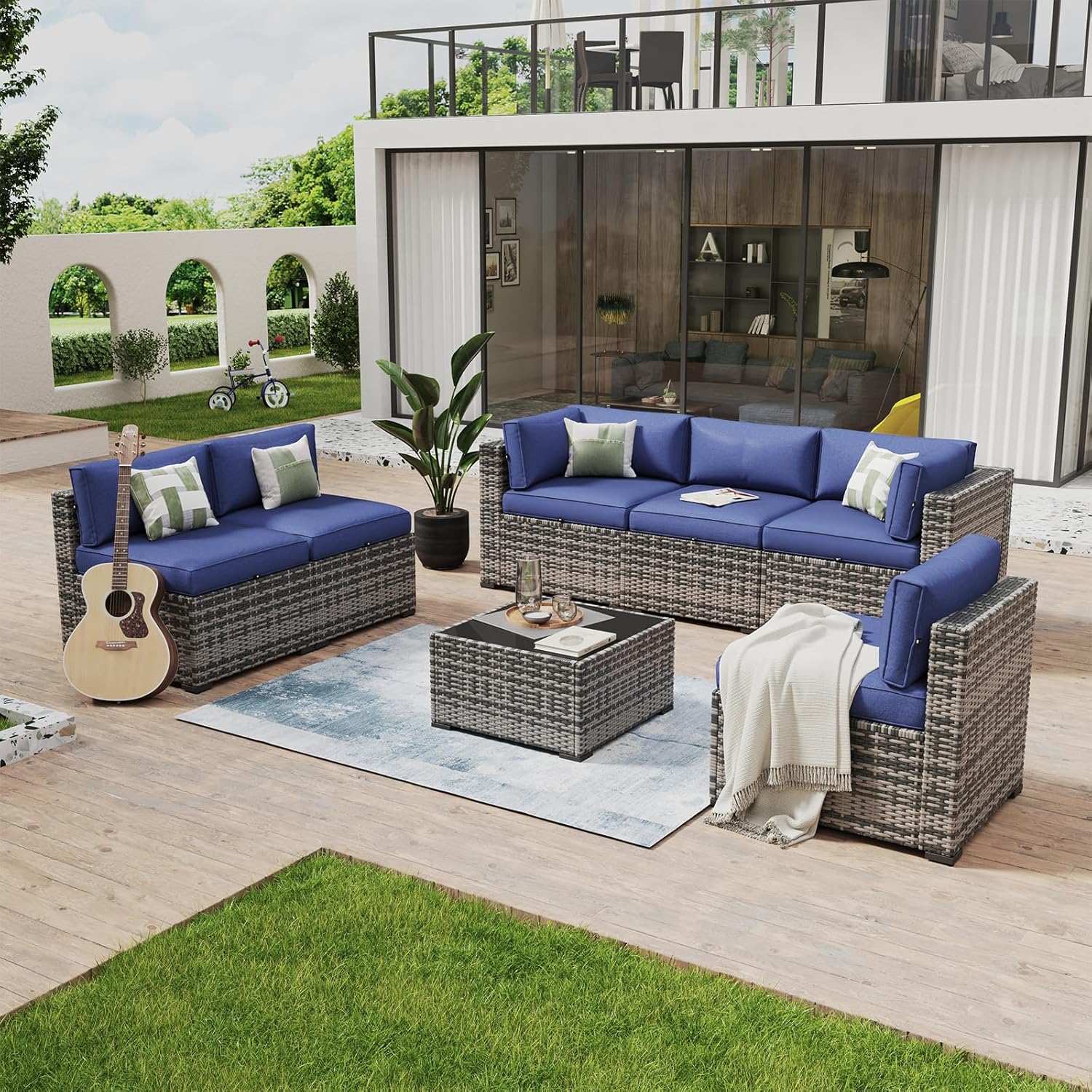 Aoxun 8 Piece Patio Furniture Set with 44?Fire Pit Table Wicker Rattan Outdoor Sectional Sofa Set with Coffee Table and Thickened Cushions, Beige (Waterproof Cover Included) woonhhop