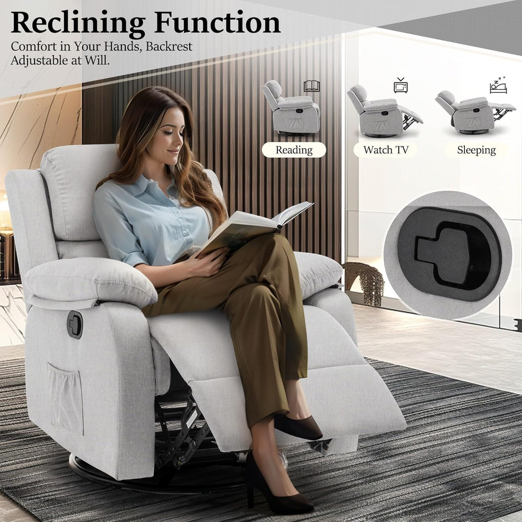 Reclining rocking chair 360 degree rotating fabric sliding reclining chair wourant