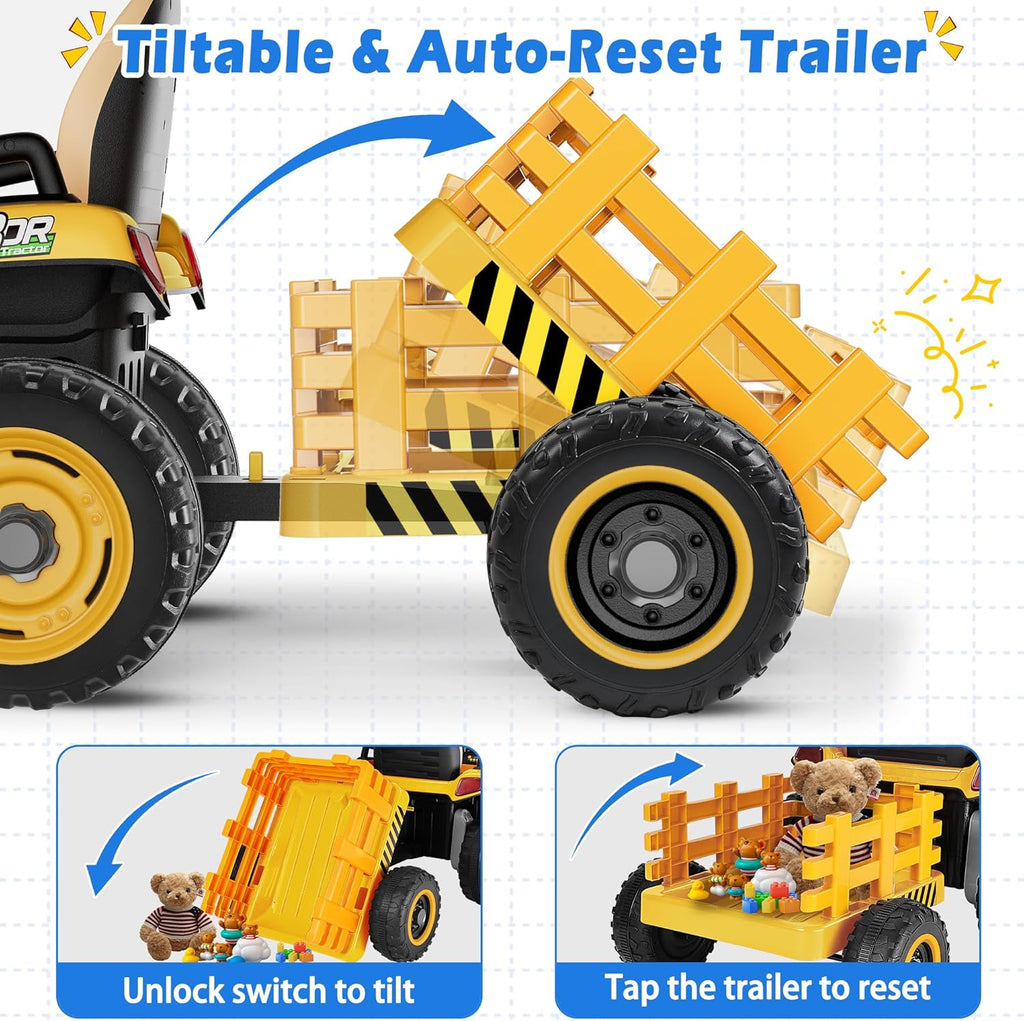 24V Ride On Tractor w/Tiltable & Detachable Trailer, 2x65W Motors, EVA Tires, Remote Control, Bluetooth, Shifter, Music, Electric Car for Kids, Green wourant