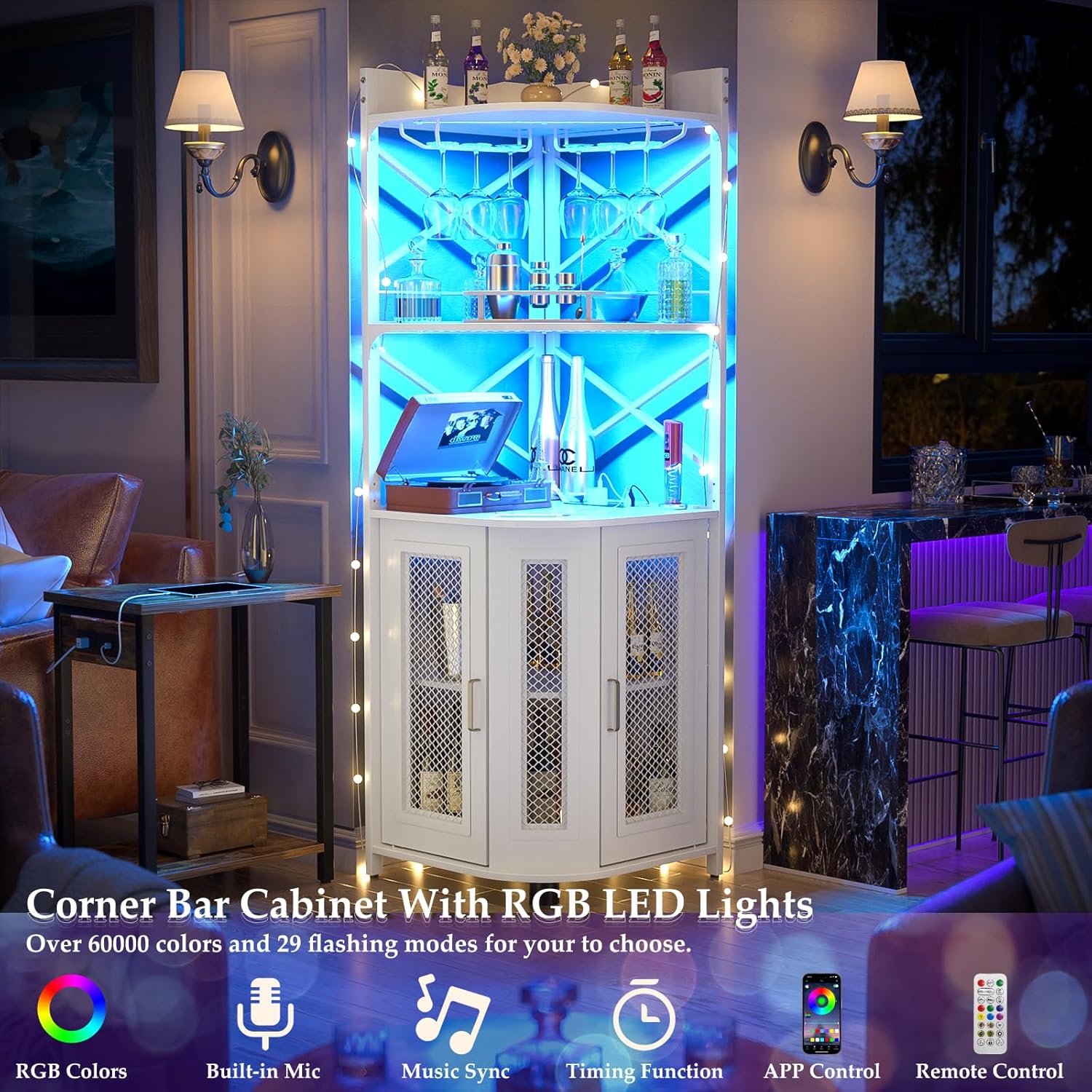Corner bar cabinet with power socket, industrial style wine cabinet with LED light strip and glass rack, home five-layer wine cabinet bar unit, small space corner display cabinet wourant