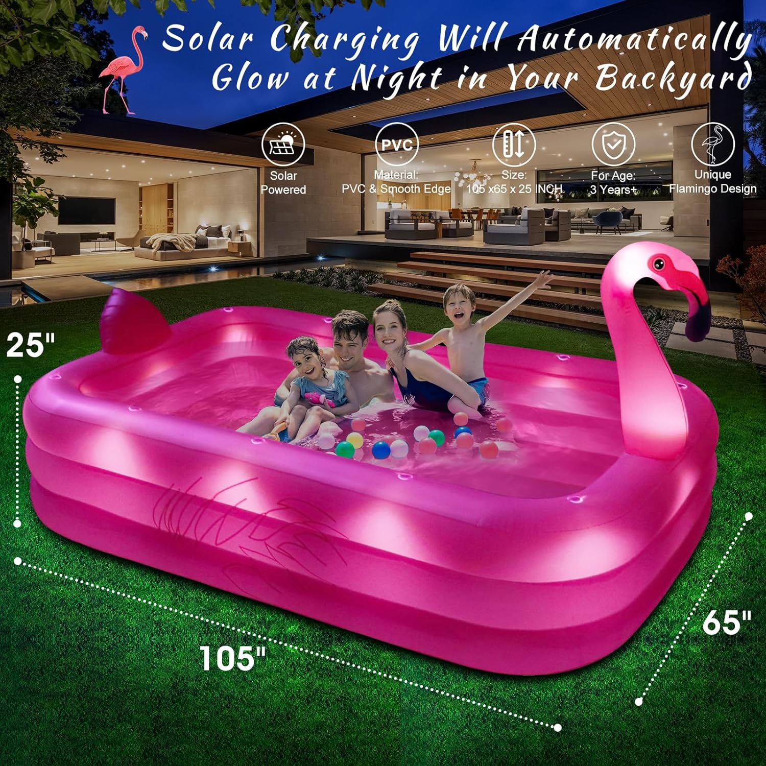 Inflatable Pool with Lights, Solar Flamingo Swimming Pool for Kids,Adults Inflatable Blow up Pool, Large Kiddie Pool, Durable Thickened Inflatable Family Pool for Backyard,Outdoor,105"x65"x25" wourant
