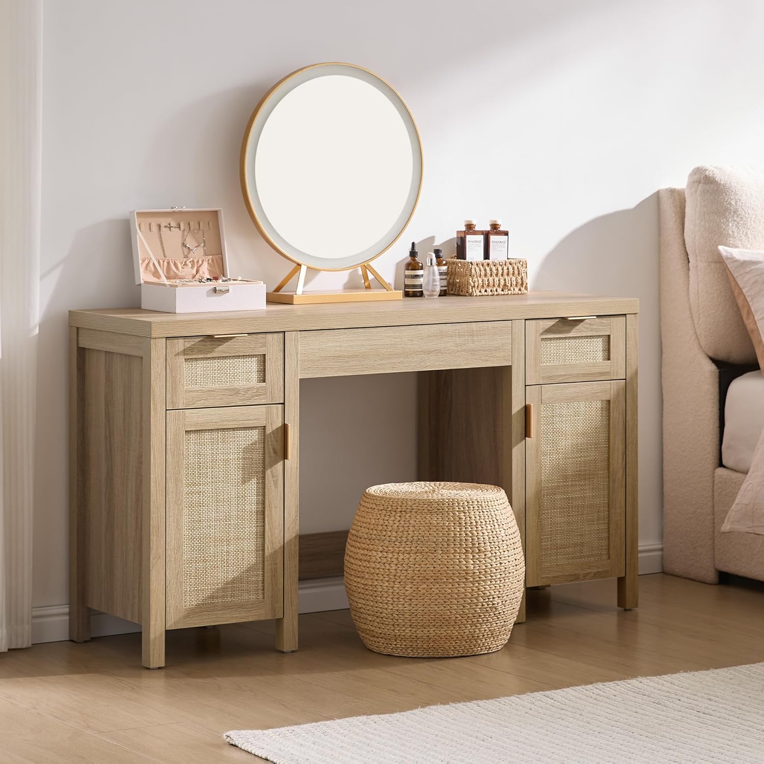 SICOTAS Rattan Vanity Home Office Desk - 52" Large Makeup Vanity Dressing Table wourant