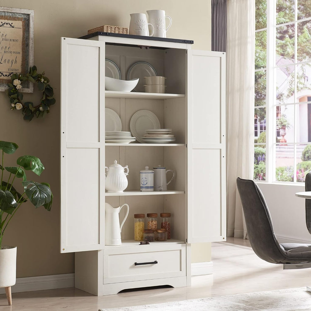 JXQTLINGMU Farmhouse Kitchen Pantry - 72" Tall Wood Kitchen Storage Cabinet with Adjustable Shelves and 2 Barn-Style Doors and Drawers wourant