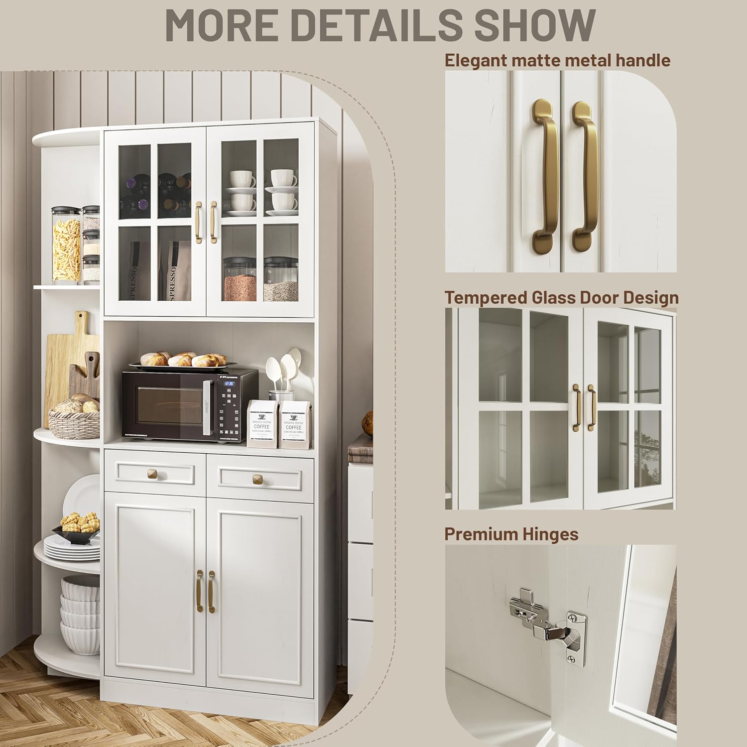 Kitchen Hutch Pantry Cabinet 71" Tall with Glass Doors wourant
