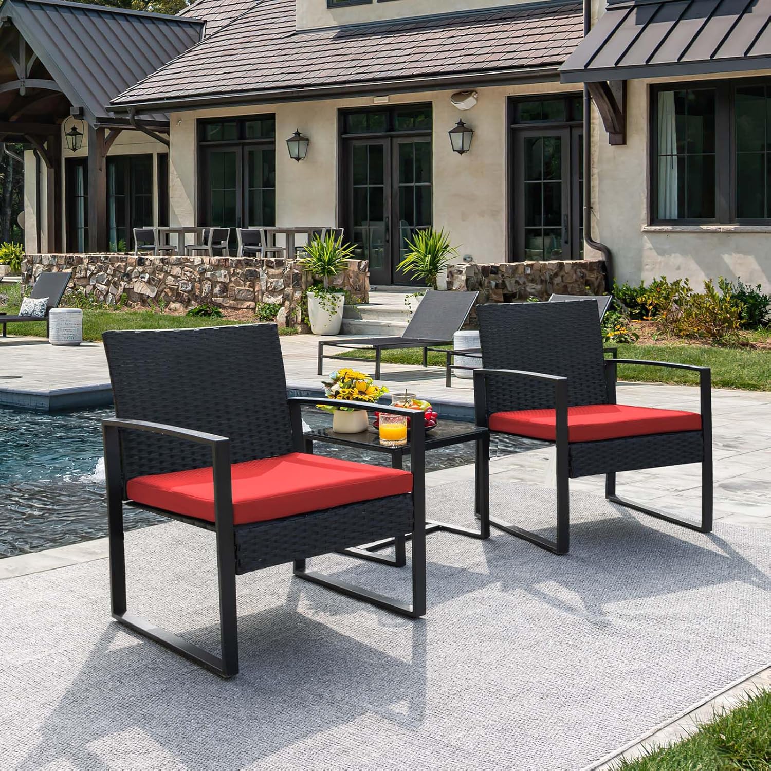 Flamaker 3 Pieces Patio Set Outdoor Wicker Furniture Sets Modern Rattan Chair Conversation Sets with Coffee Table for Yard and Bistro (Black) wourant