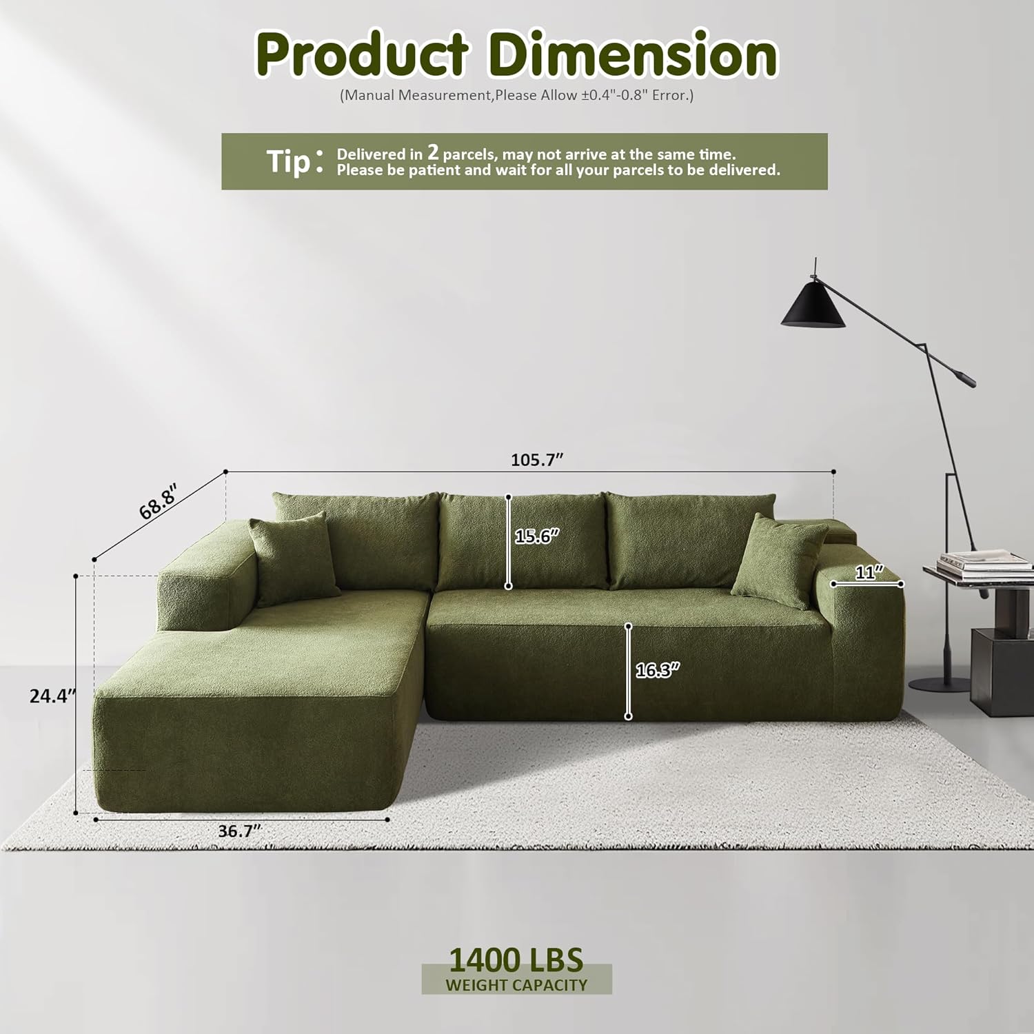 Ovios 104" Cloud Section Sofa L-shaped lounge chair, modern modular sofa wourant