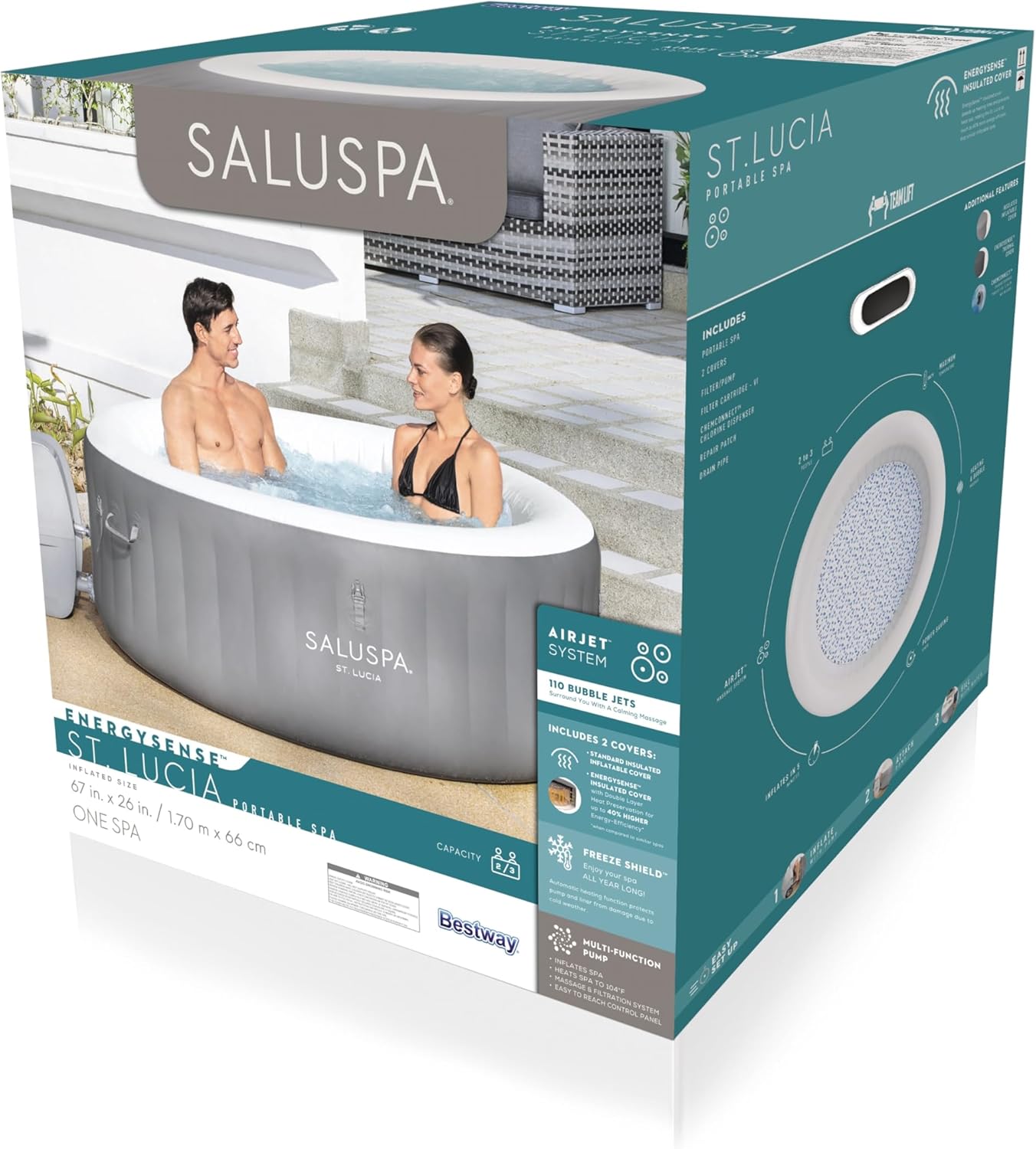 Bestway SaluSpa Miami EnergySense AirJet Inflatable Hot Tub Spa (71" x 26") | Portable Hot Tub with 2 Covers (1 Energy-Efficient Thermal Cover and 1 Standard Cover) | Fits Up to 2-4 Persons | Black wourant