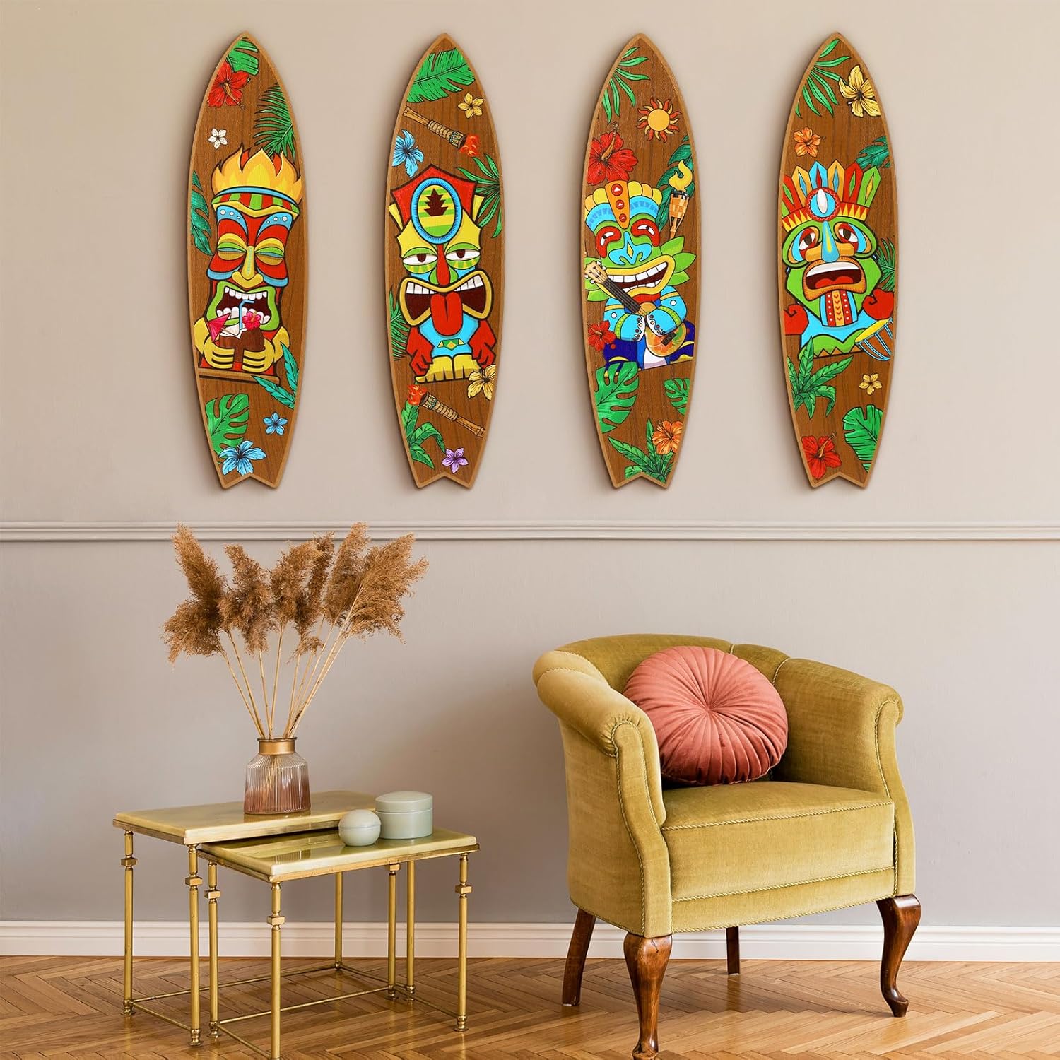 Blulu 4 Pcs Surfboard Wall Decor Surfboard Wall Hanging Sign Wooden Beach Decoration Summer Theme Decor Hawaiian Luau Party Decoration for Home Bar Aloha Tropical Birthday Party(Tiki) wourant