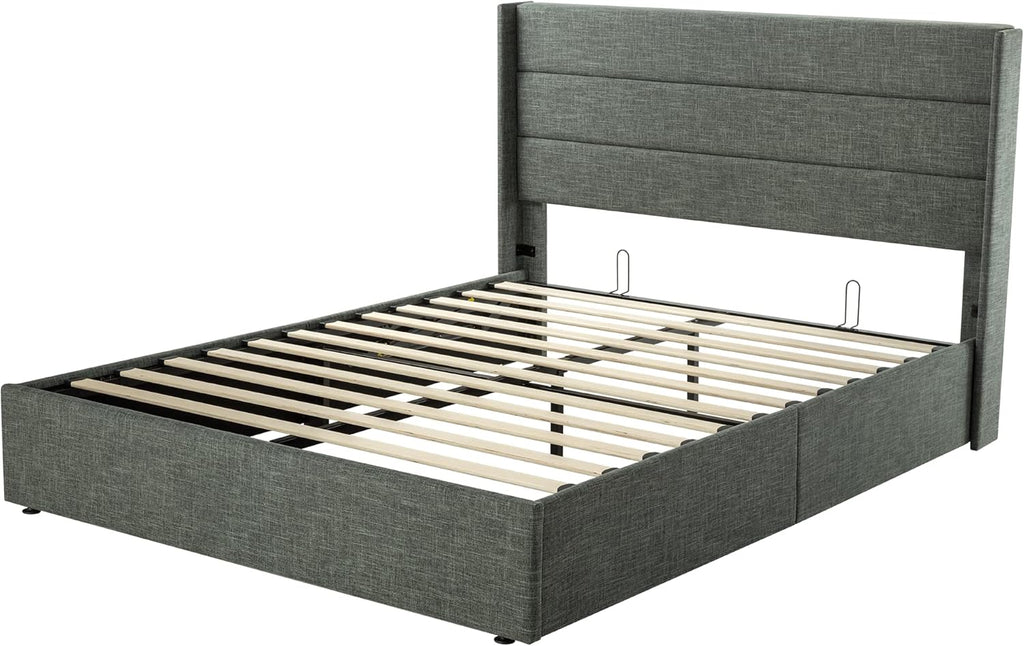 Allewie Queen Size Lift Up Storage Bed Modern Wingback Headboard Hydraulic Support wourant