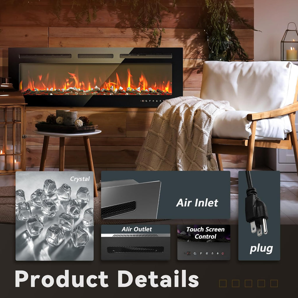 EUHOMY 50 Inch Electric Fireplace Wall Recessed and Wall Mounted with Adjustable Flame Color, Fireplace Heater with Remote Control, Linear Fireplace with Timer, Touch Screen, Log & Crystal, 750/1500W wourant