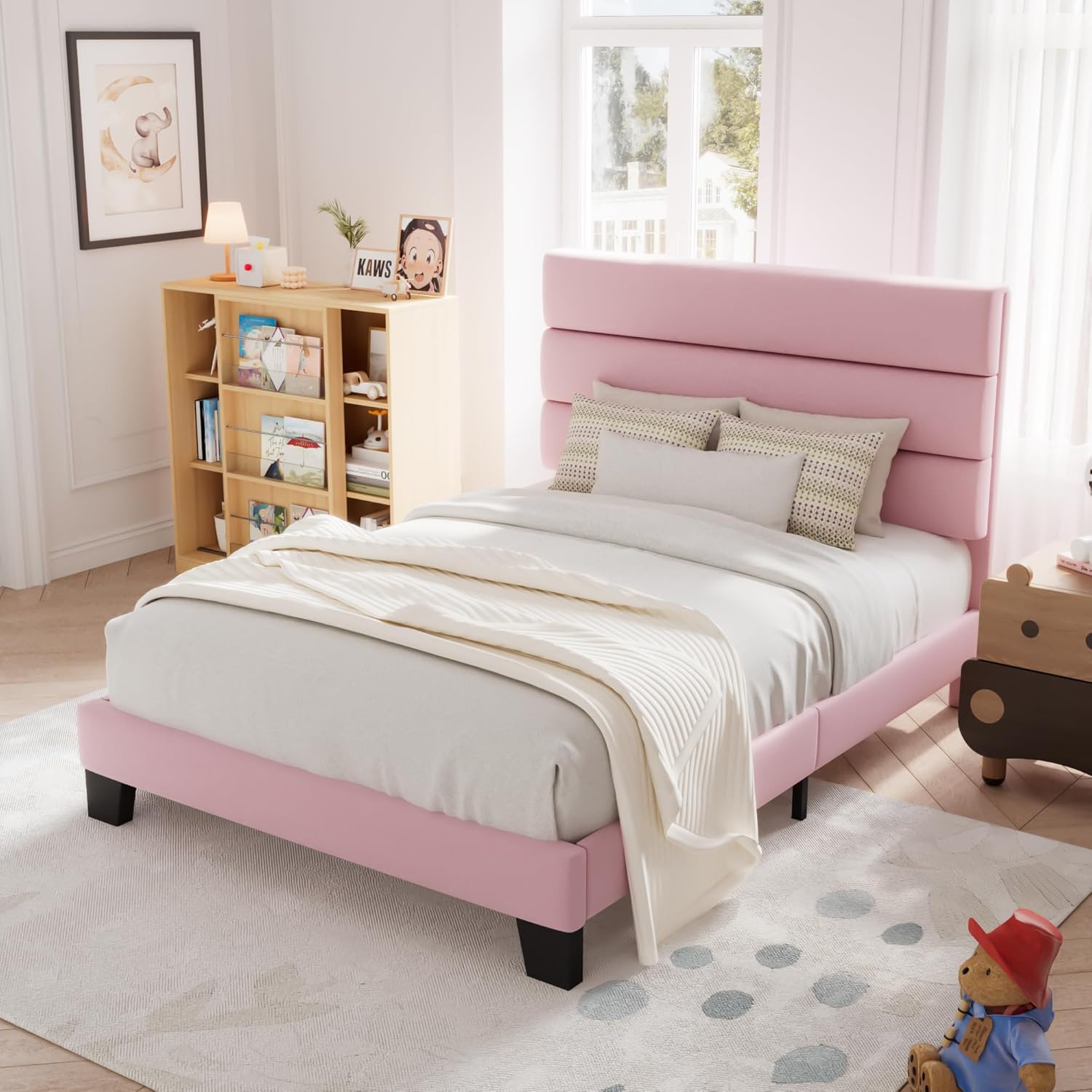 Allewie Queen Size Platform Bed Frame Fabric Upholstered Headboard Wooden Slats Support wourant