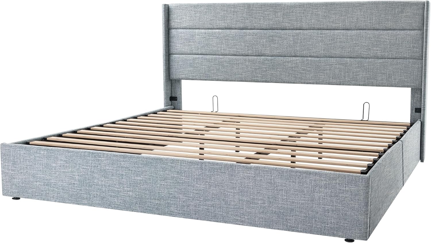 Allewie Queen Size Lift Up Storage Bed Modern Wingback Headboard Hydraulic Support wourant