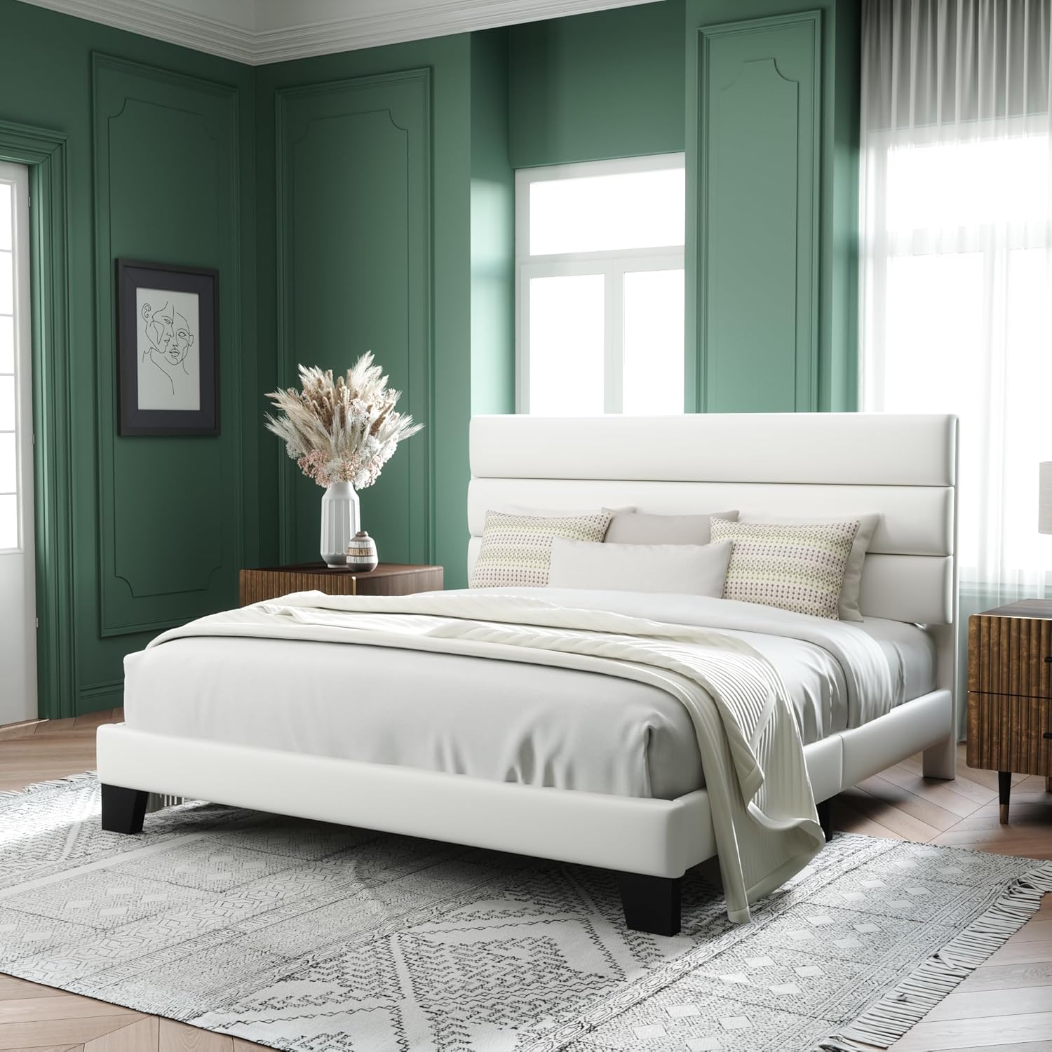 Allewie Queen Size Platform Bed Frame Fabric Upholstered Headboard Wooden Slats Support wourant
