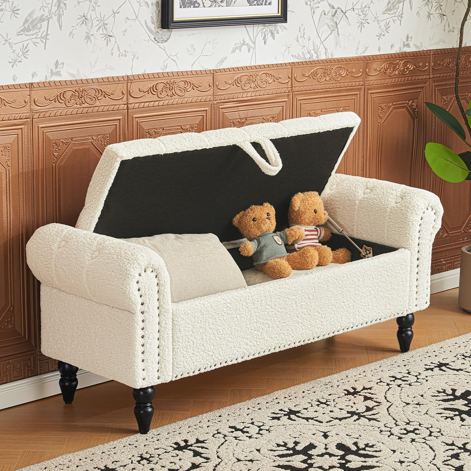 Furniliving Modern Storage Ottoman Bench, Sherpa Ottoman End of Bed Bench with Solid Wood Legs Upholstered Ottoman Benches with Storage Indoor Bench wourant