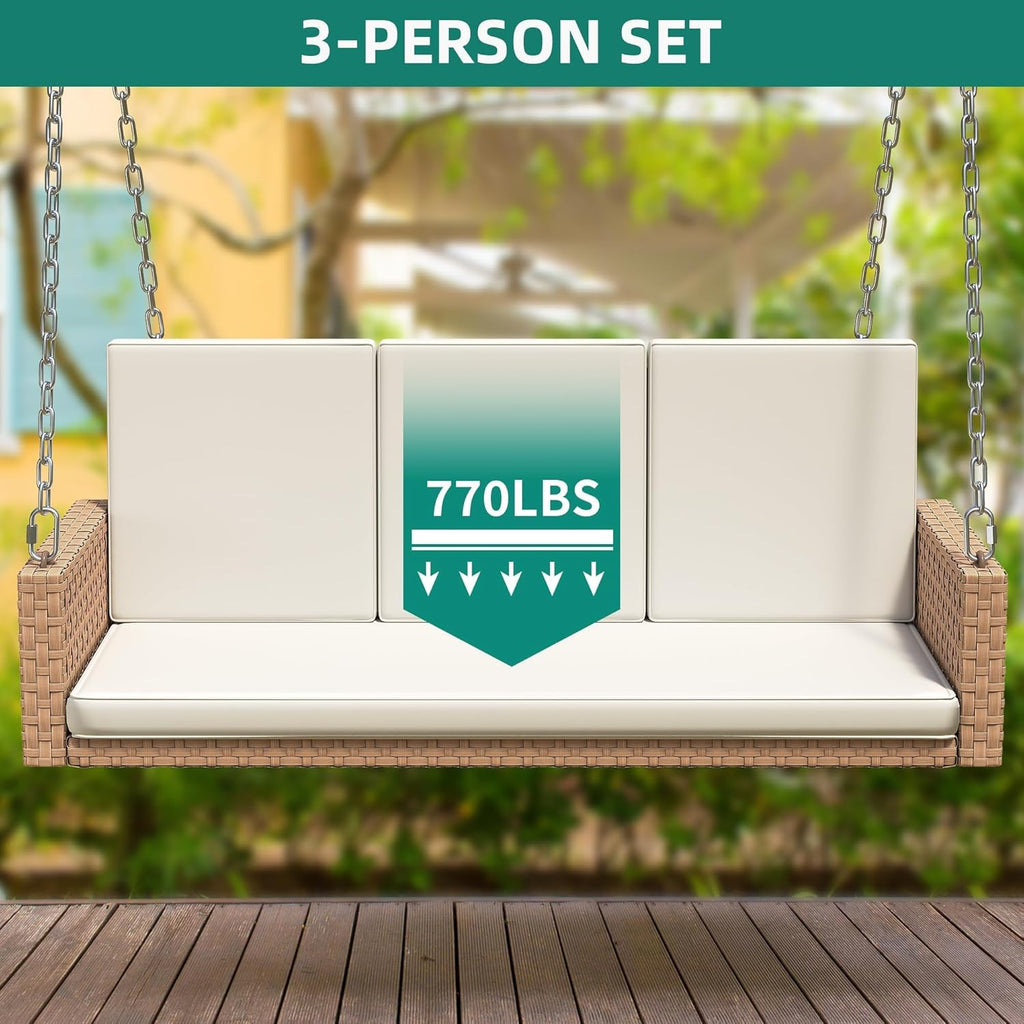 YITAHOME Hanging Porch Swing Chair Sits 3 People, Wicker Outdoor Swing Bench, Patio Lounge Chair, 1 Seating Cushion and 3 Back Cushions, w/Removable Covers, for Garden, Balcony, Backyard, Brown wourant
