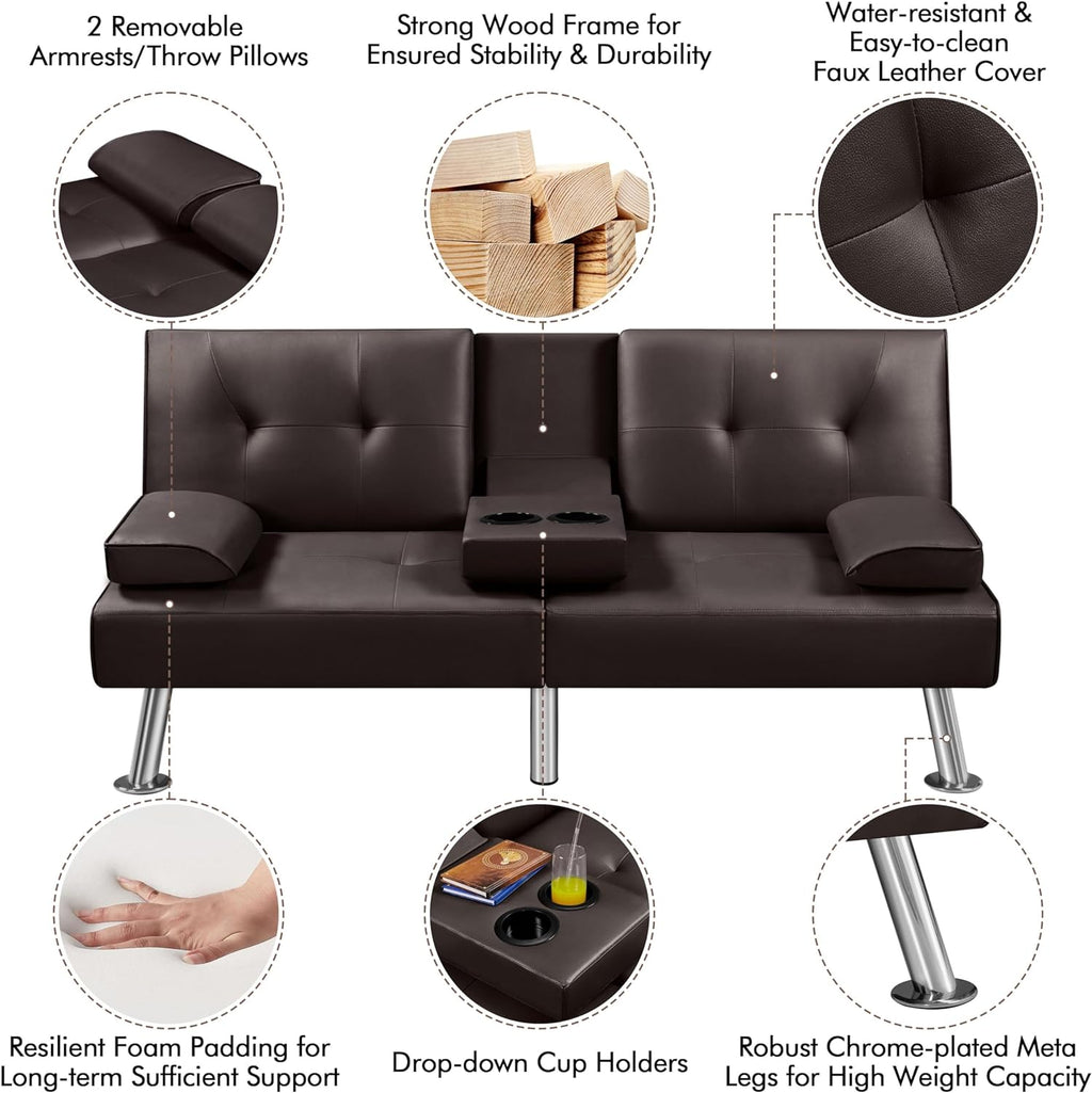 Yaheetech Convertible Sofa Bed Adjustable Couch Sleeper Modern Faux Leather Home Recliner Reversible Loveseat Folding Daybed Guest Bed, Removable Armrests, Cup Holders, 3 Angles, 772lb Capacity, Brown wourant