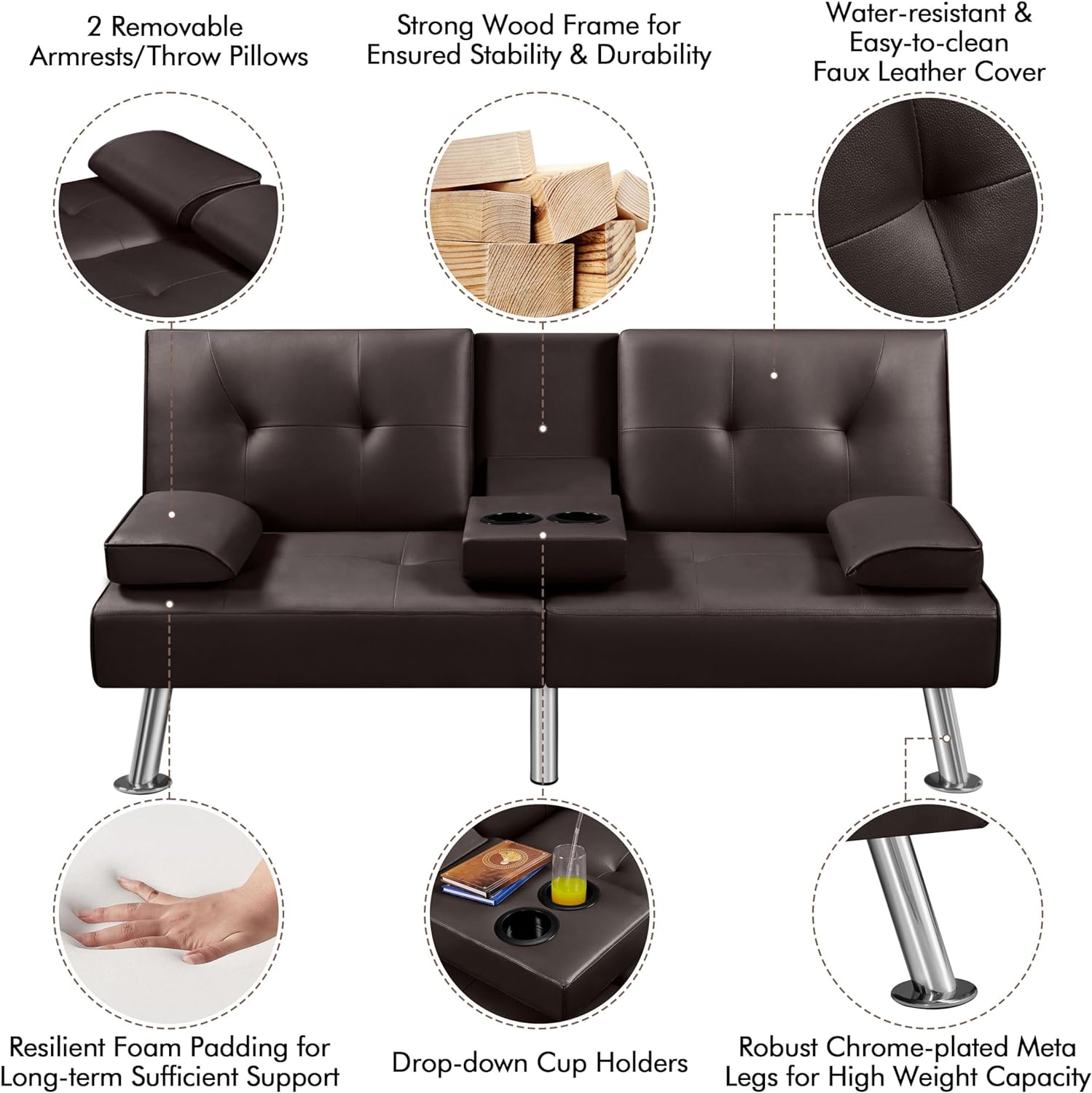 Yaheetech Convertible Sofa Bed Adjustable Couch Sleeper Modern Faux Leather Home Recliner Reversible Loveseat Folding Daybed Guest Bed, Removable Armrests, Cup Holders, 3 Angles, 772lb Capacity, Brown wourant