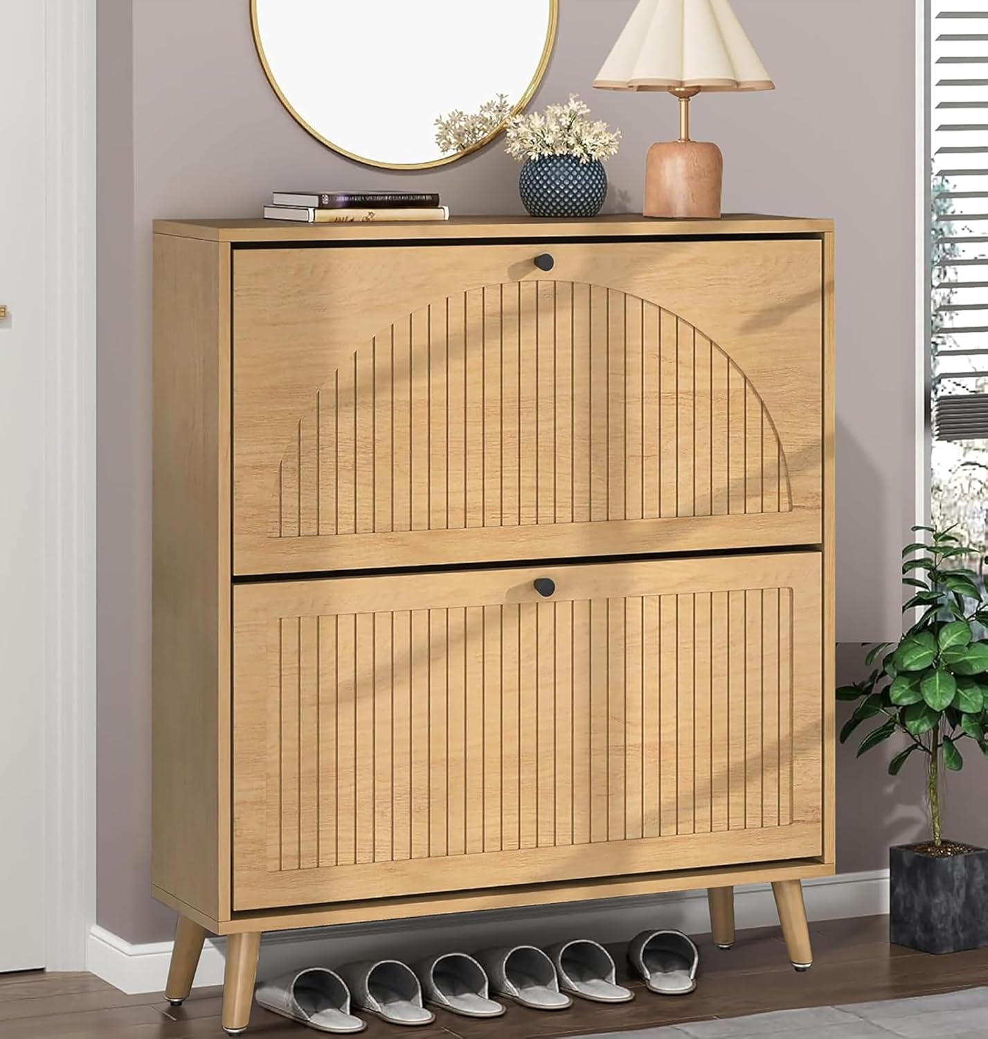 Entrance shoe cabinet with 2 flip-top drawers, narrow wooden shoe cabinet with fluted panels wourant
