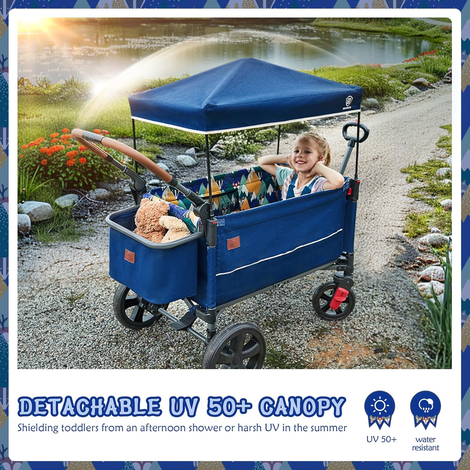 EVER ADVANCED Side-unzip Wagon Stroller for 2 Kids, Push Pull Stroller with Adjustable Handle, Easy Access Front Zipper Door, 5-Point Harness Removable UV-Protection Canopy Shock-Absorbing Wheels,Grey wourant