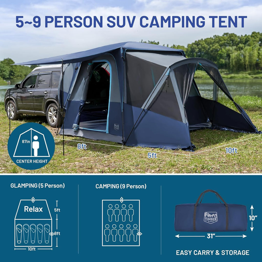 TIMBER RIDGE 5-9 Person SUV Tent with Screen Porch and Awning for Family Camping, Weather Resistant and Portable Van or Car Tent, Includes Rainfly and Storage Bag, 13' W X 10' L X 7.1' H wourant