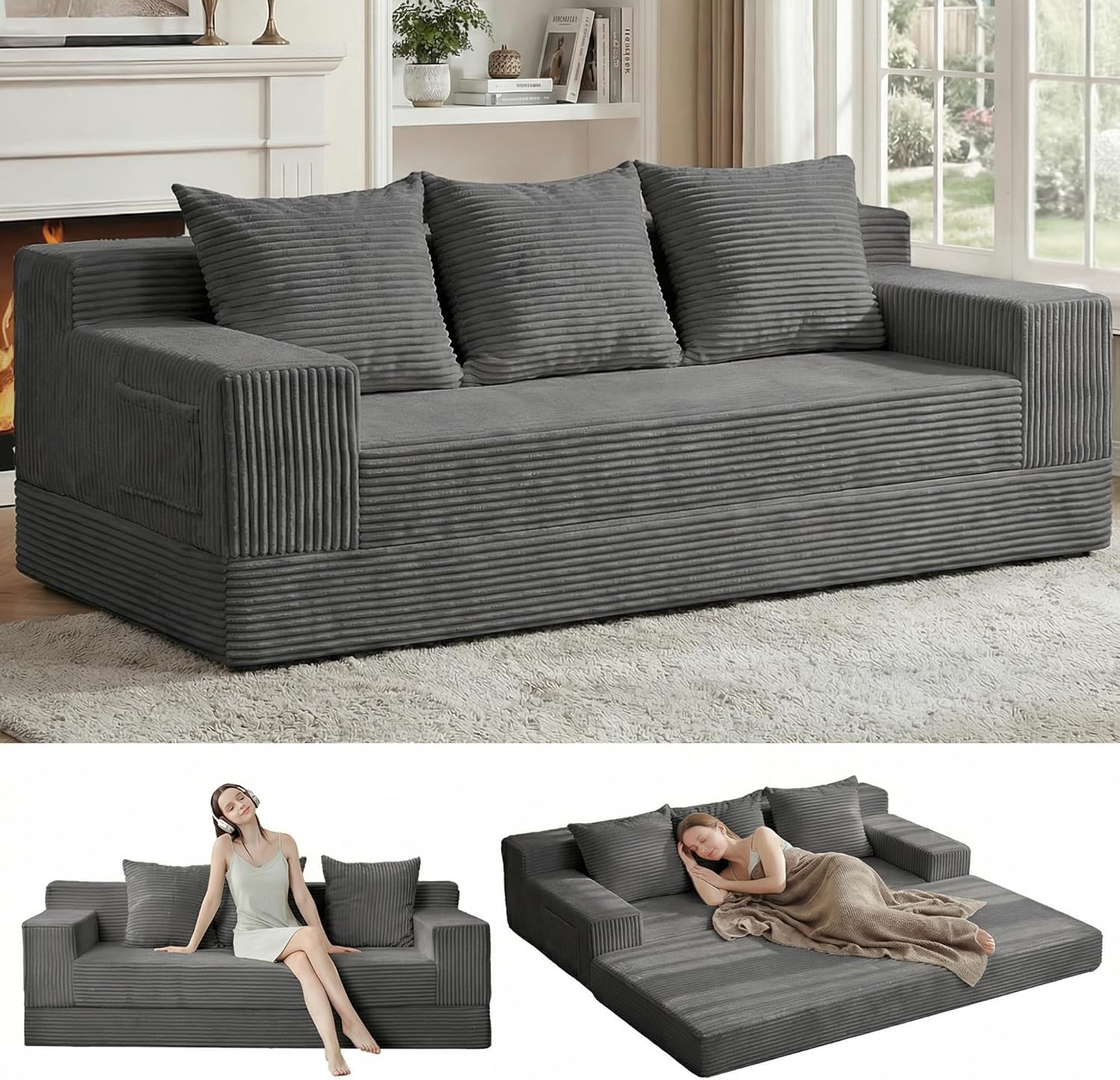 Loveseat Boneless Convertible Sofa Bed, Folding Floor Futon Sleeper Sofa Couch Bed- Boneless Foldable Couch, Corduroy Pull Out Sofa Bed with 2 Pillows for Living Room & Bedroom wourant