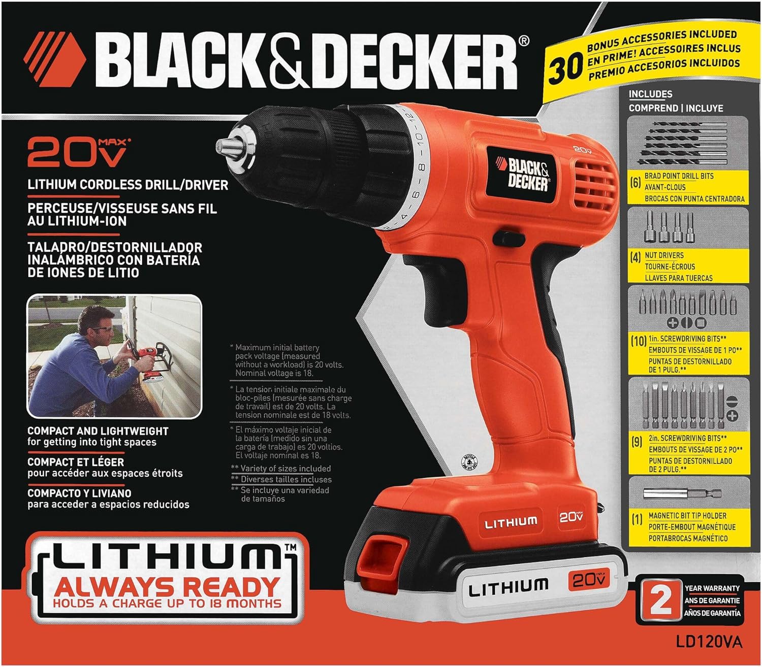 BLACK+DECKER 20V MAX POWERCONNECT Power Drill Cordless Drill Driver Electric Screwdriver with 30 Piece Bit Set and Drivers Kit, Battery and Charger Included (LD120VA) wourant