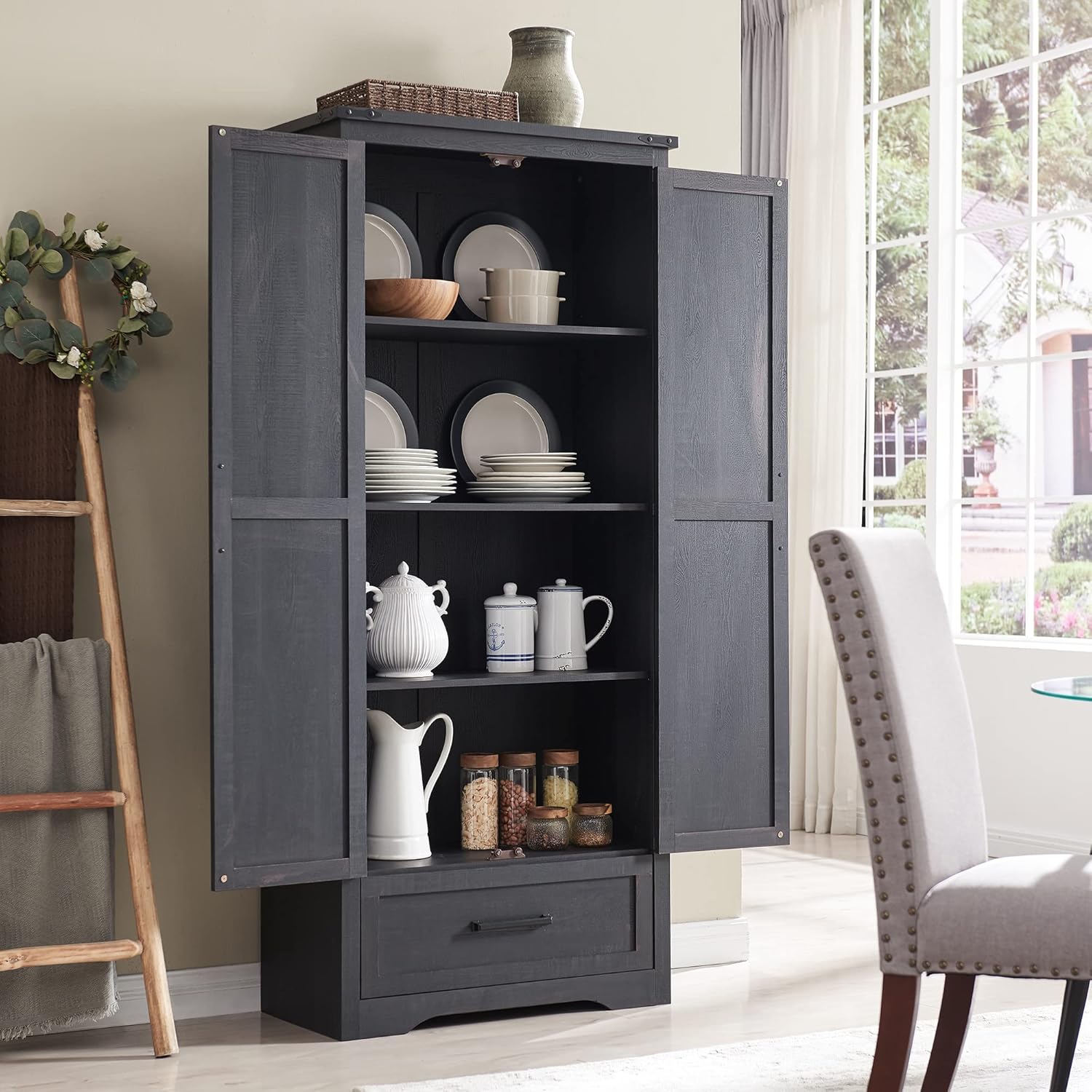 JXQTLINGMU Farmhouse Kitchen Pantry - 72" Tall Wood Kitchen Storage Cabinet with Adjustable Shelves and 2 Barn-Style Doors and Drawers wourant