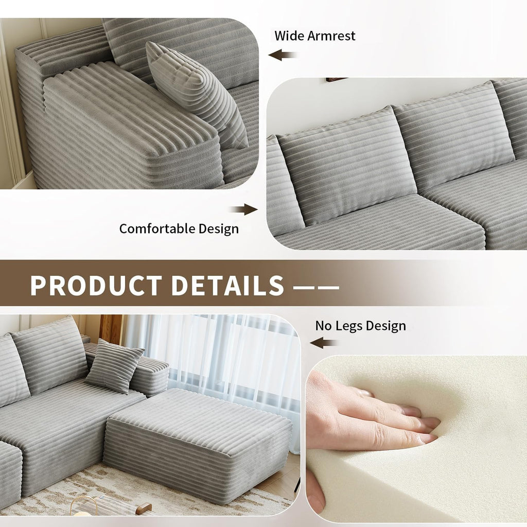 107.5 inch Cloud Modular Sectional Sofa with L-Shaped Chaise Lounge, Modern Minimalist Upholstered Sofa Deep Seating Corner Sofa wourant