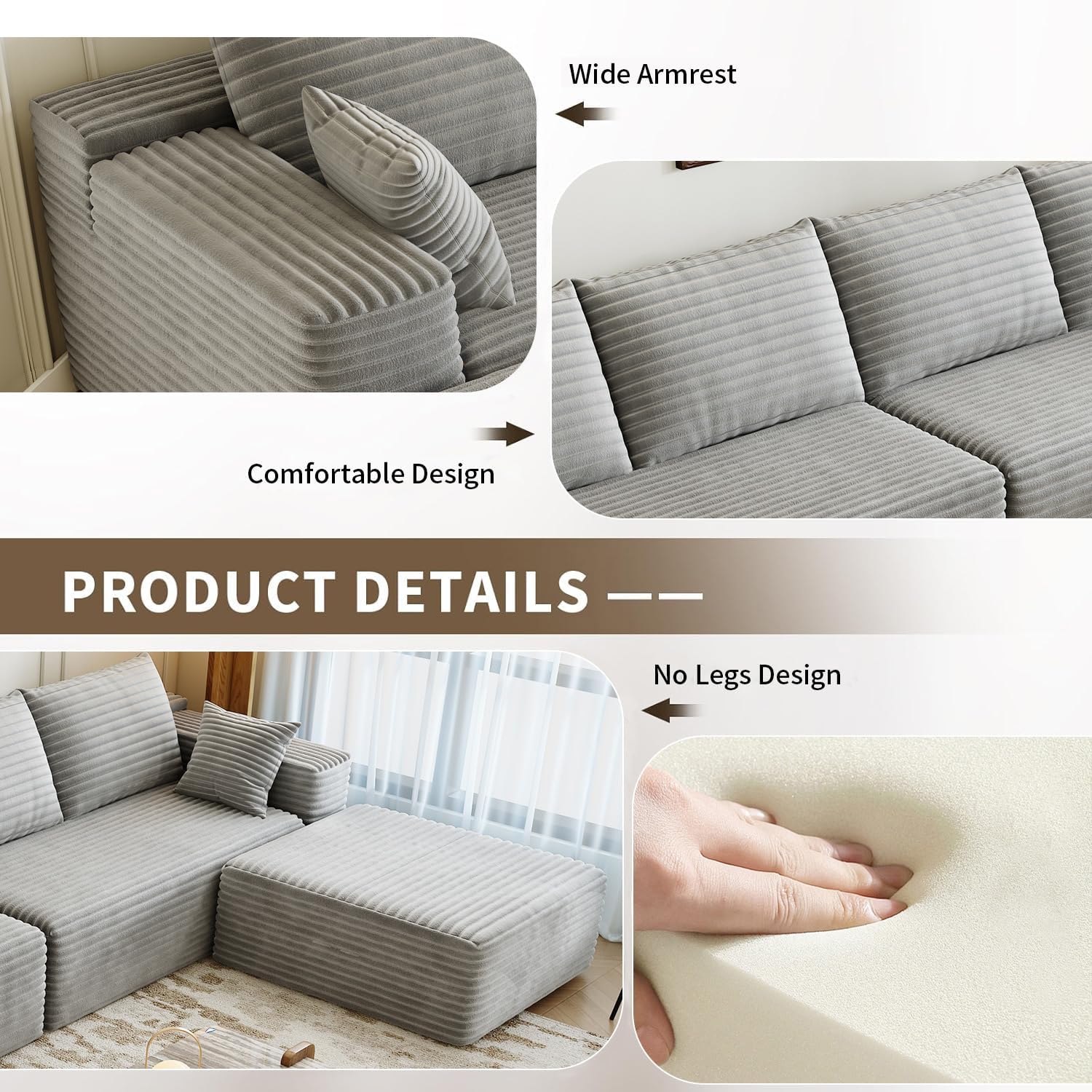 107.5 inch Cloud Modular Sectional Sofa with L-Shaped Chaise Lounge, Modern Minimalist Upholstered Sofa Deep Seating Corner Sofa wourant