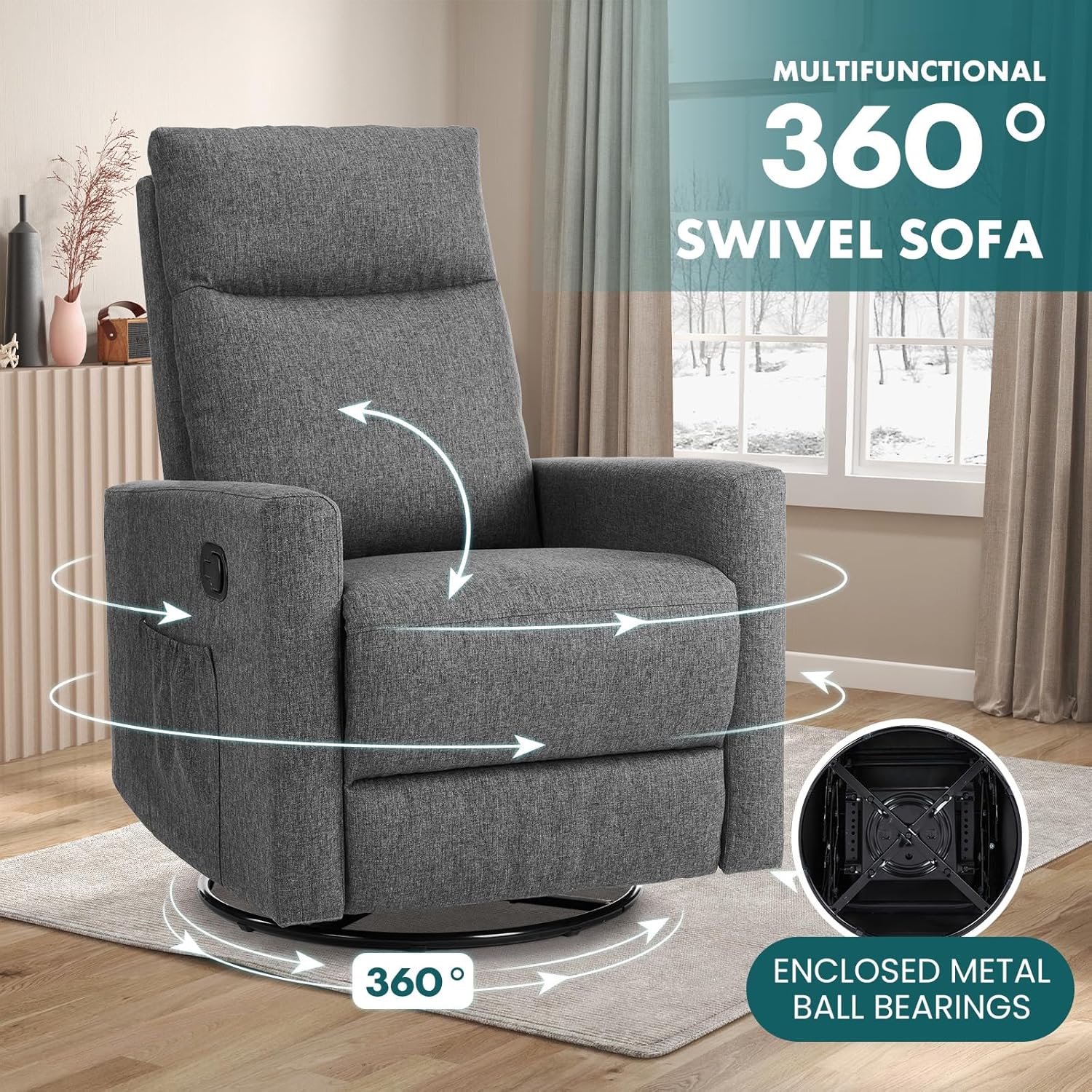 Swivel Rocking Recliner Chair with Extra Large Footrest High Back, Upholstered Glider Nursery Chair for Living Room, Bedroom & Nursery, Comfortable Deep Seat for Relaxation, Grey wourant