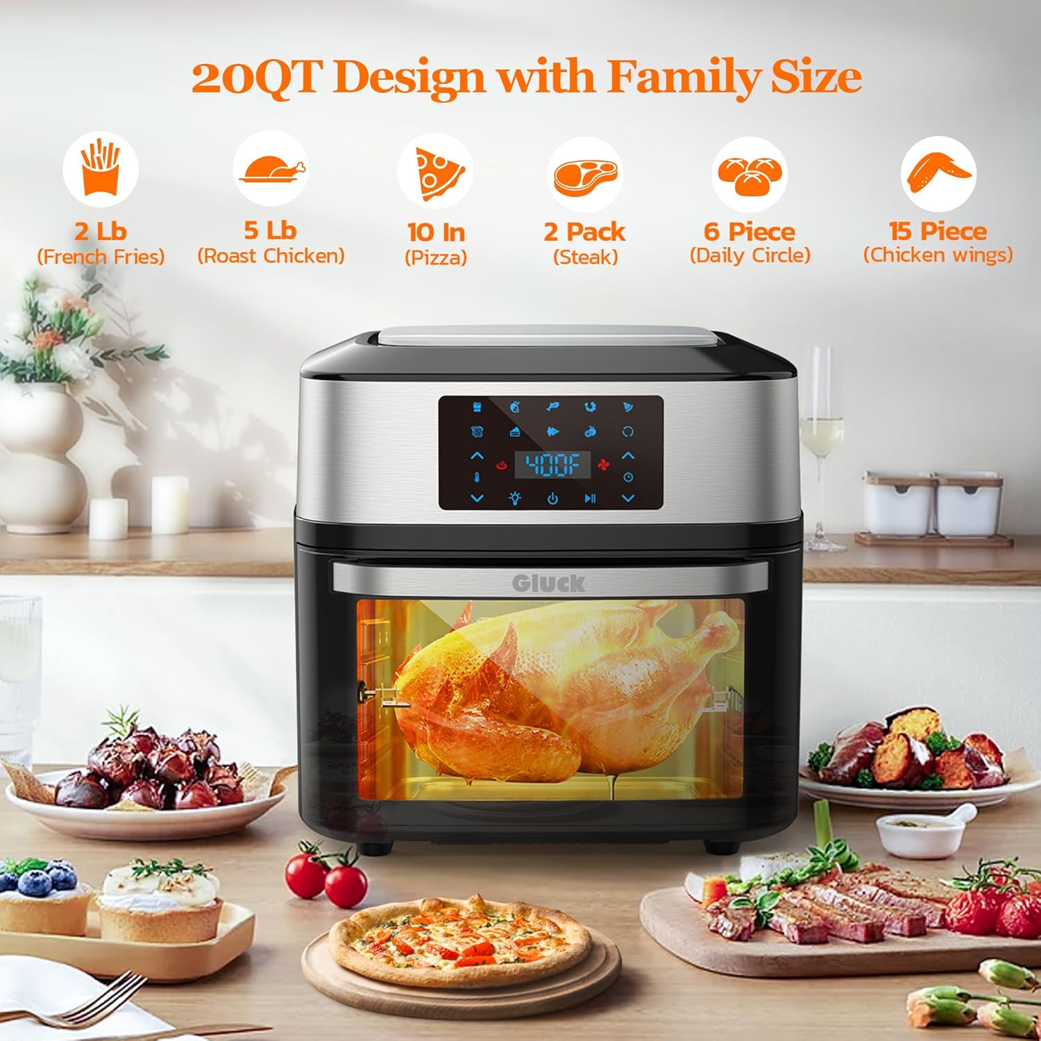 Air Fryer Oven Large 20 QT, 10-in-1 Toaster Oven Air Fryer Combo with Window for Family, Airfryer Oven with Rotisserie, 3 Dehydrating Racks, ETL Certified wourant